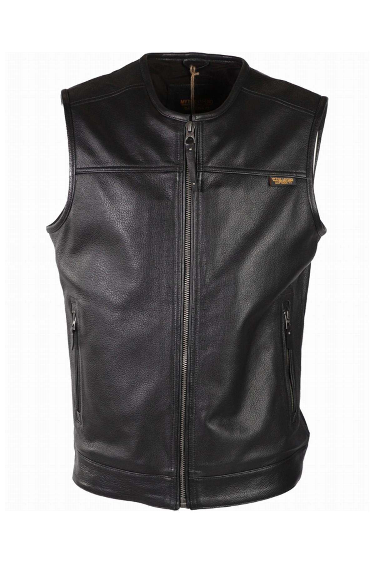 Black leather sleeveless vest in biker style - Image n°1