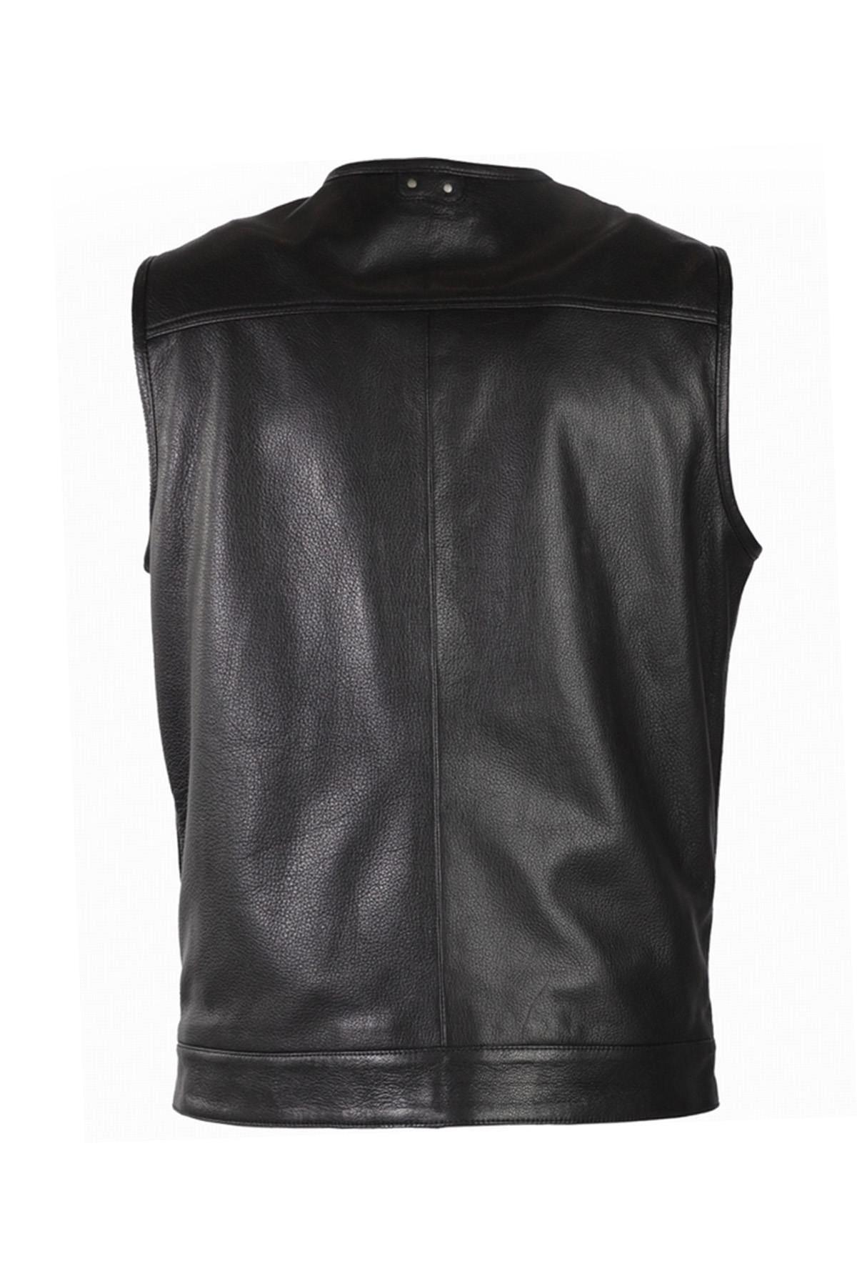 Black leather sleeveless vest in biker style - Image n°2