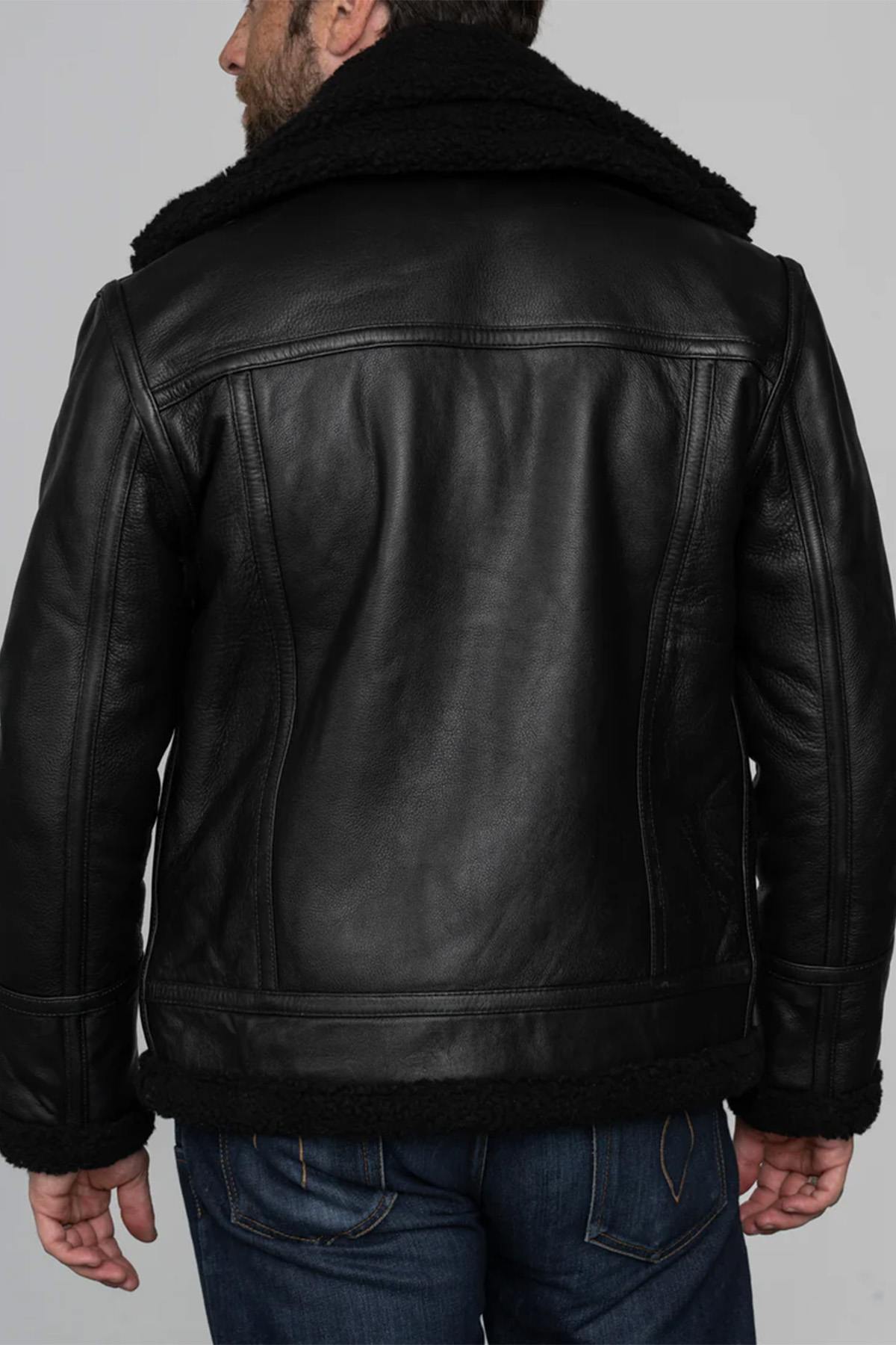 Black thick leather bomber jacket - Image n°4