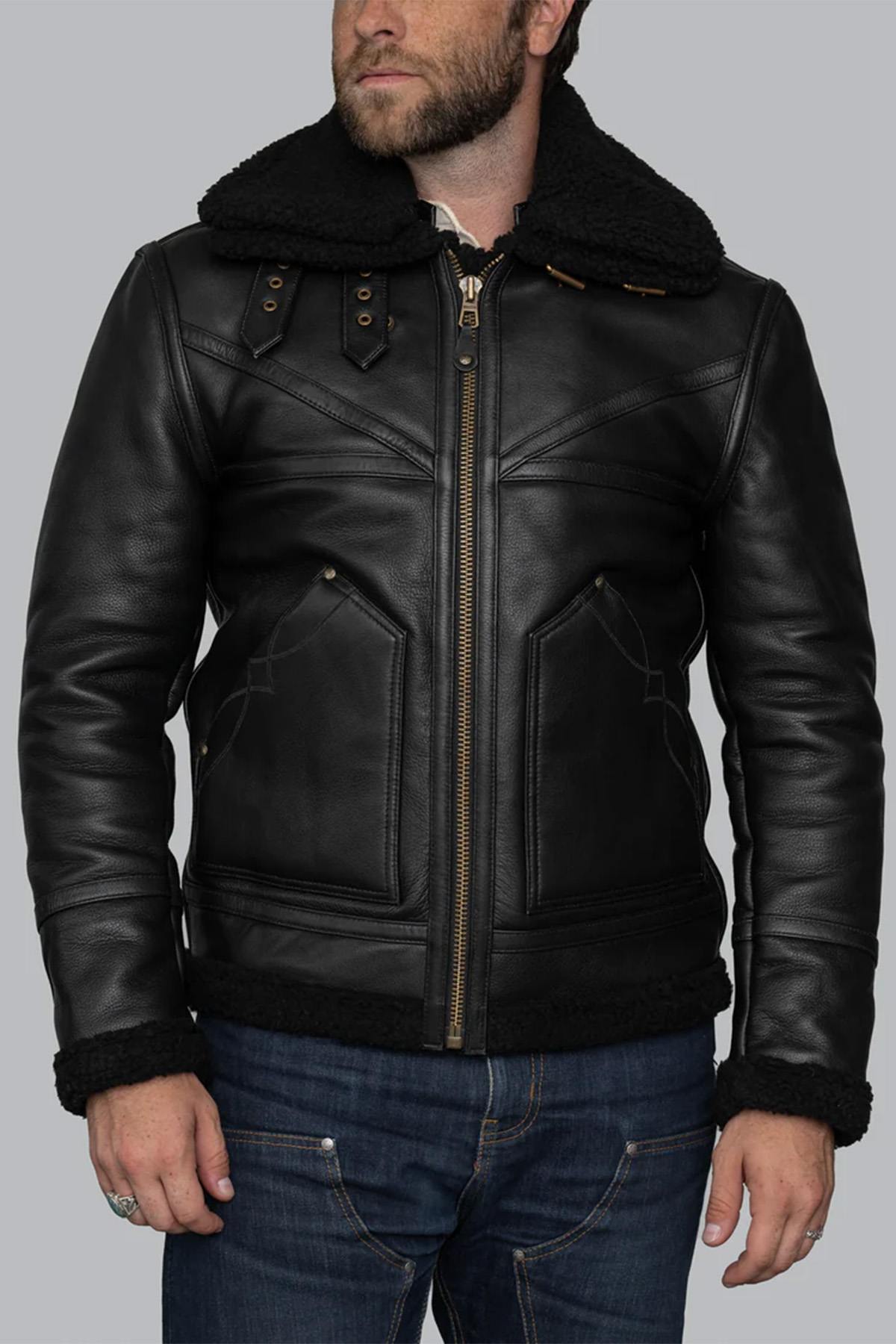 Black thick leather bomber jacket - Image n°3