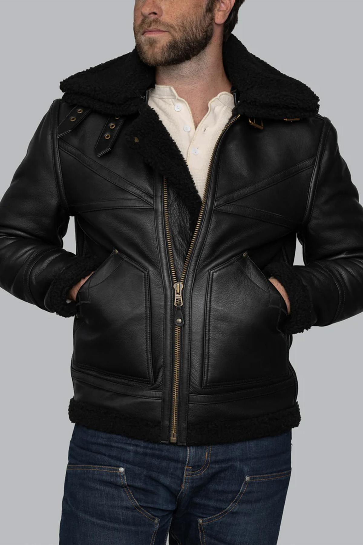 Black thick leather bomber jacket - Image n°15