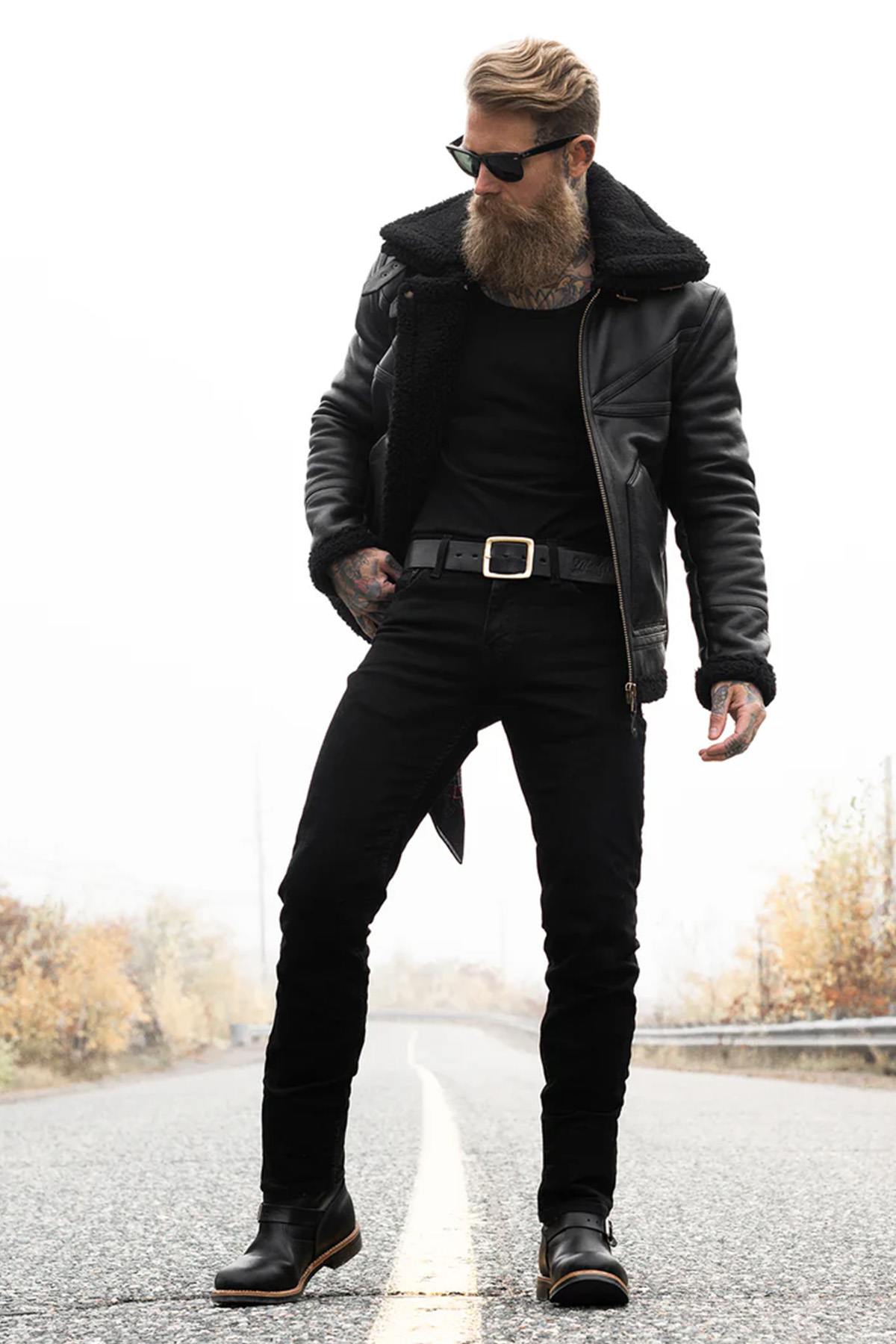 Black thick leather bomber jacket - Image n°2