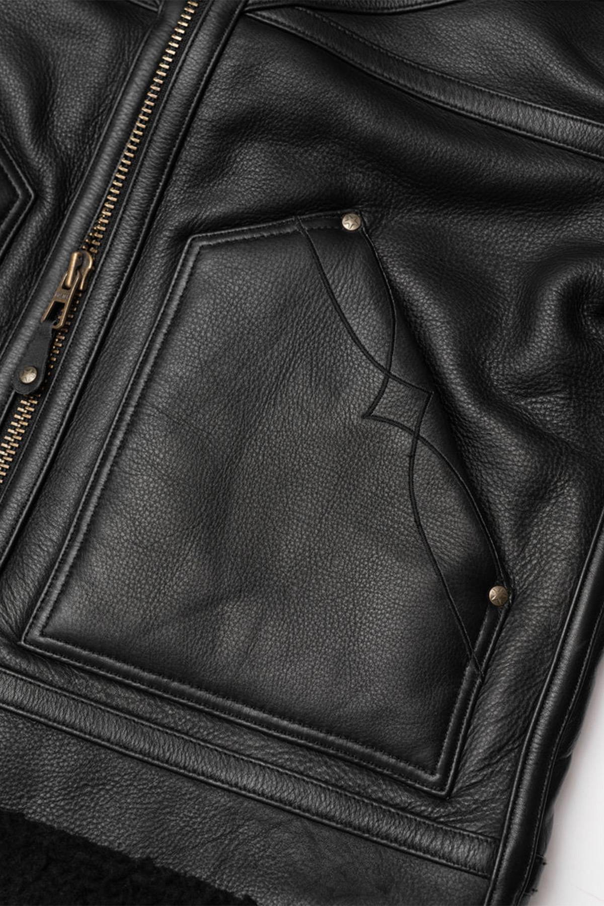 Black thick leather bomber jacket - Image n°5