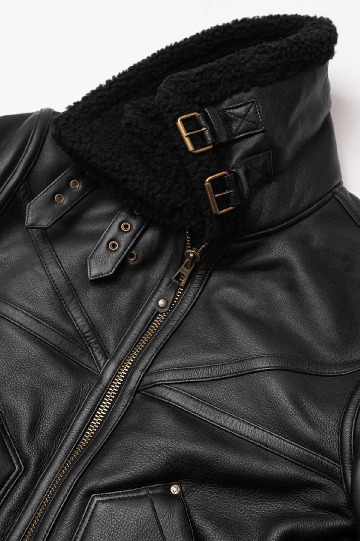 Black thick leather bomber jacket - Image n°14