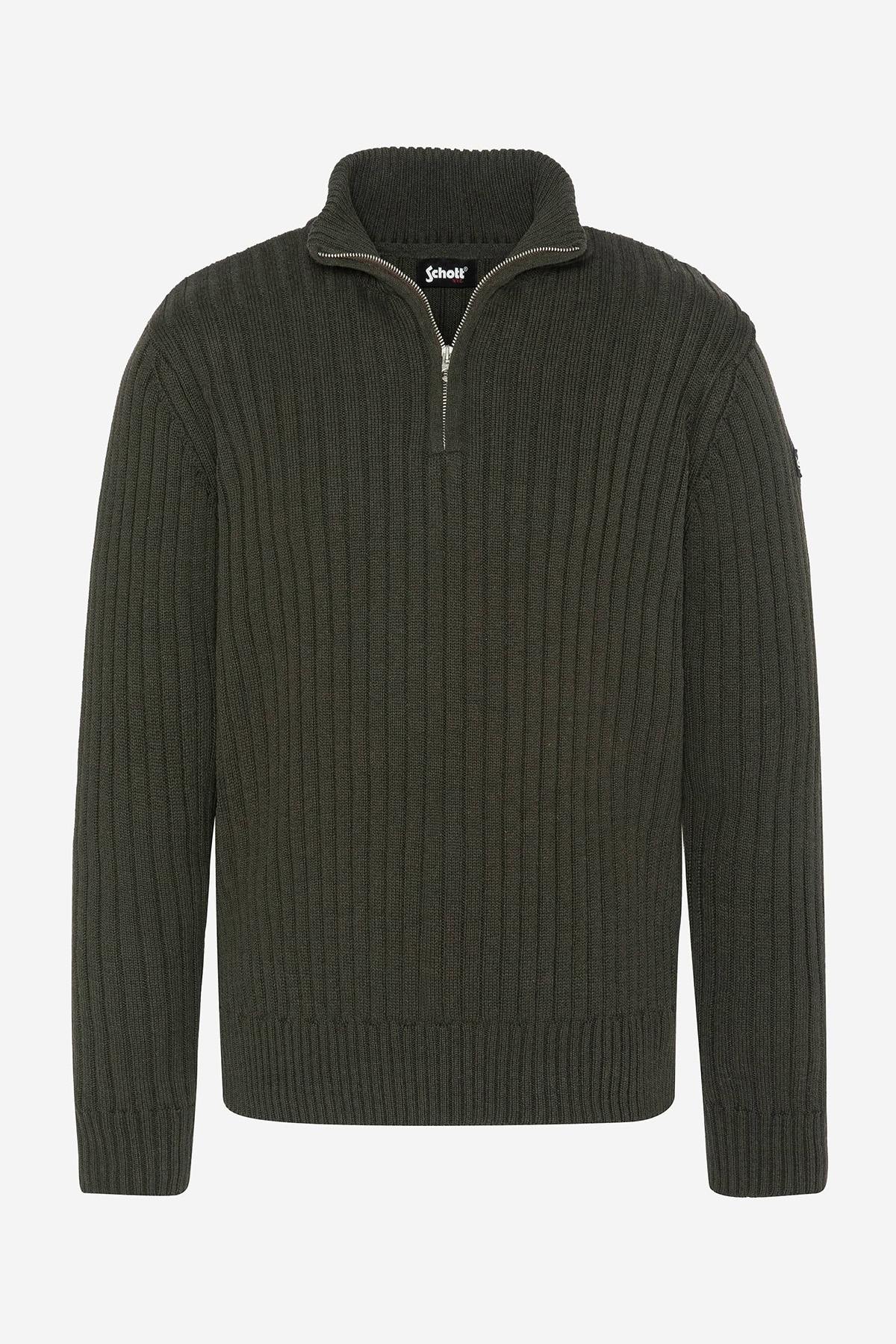 Dark khaki ribbed knit zip-up sweater - Image n°1