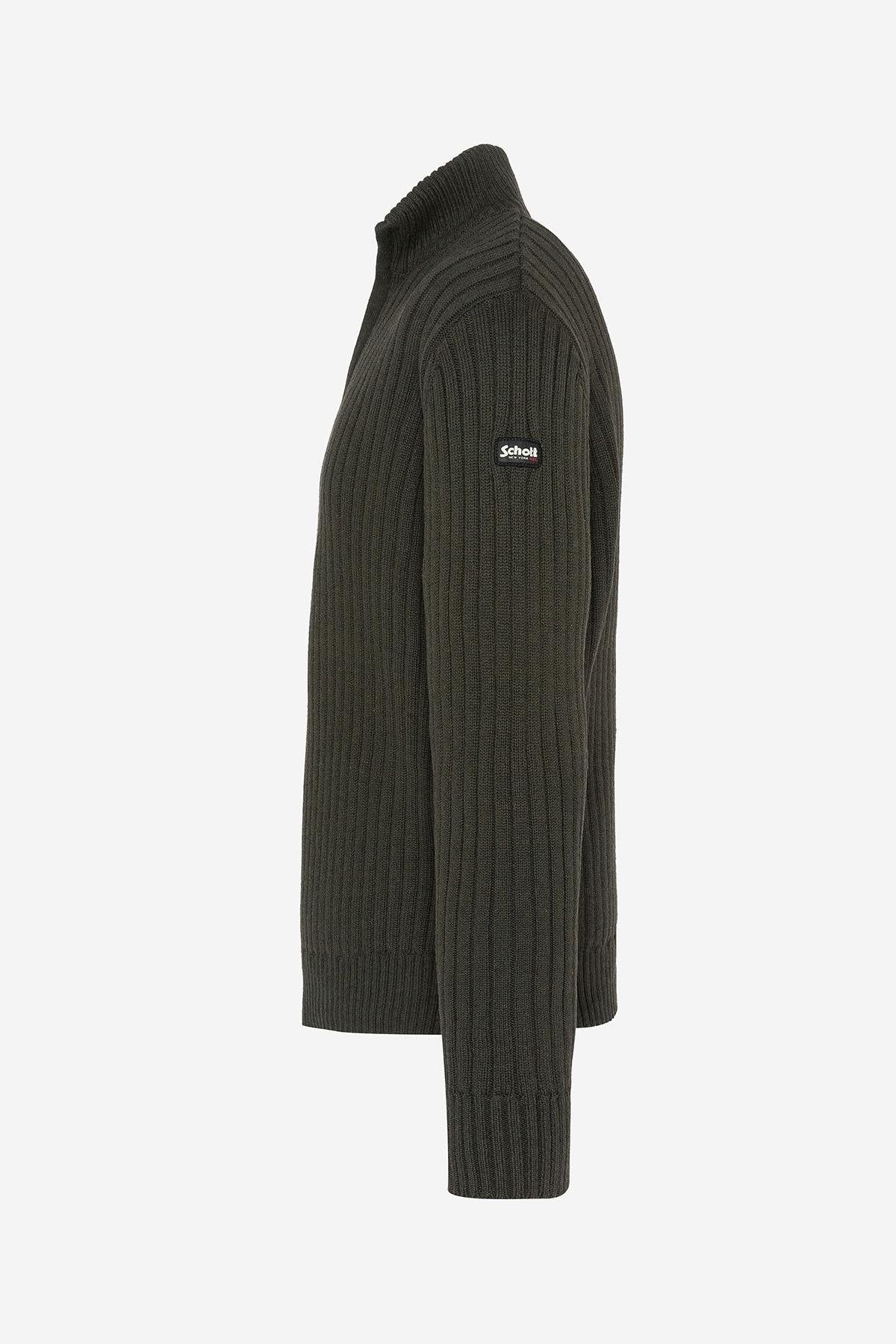 Dark khaki ribbed knit zip-up sweater - Image n°3