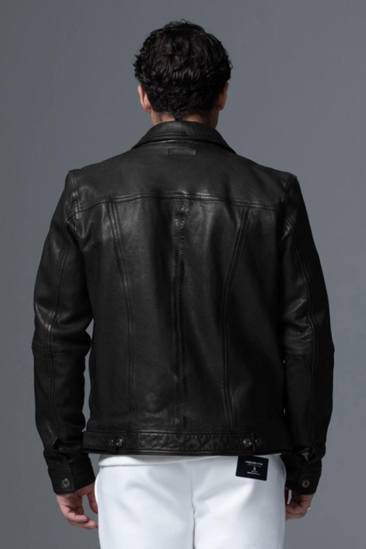 Rugged style shirt collar leather jacket - Image n°3