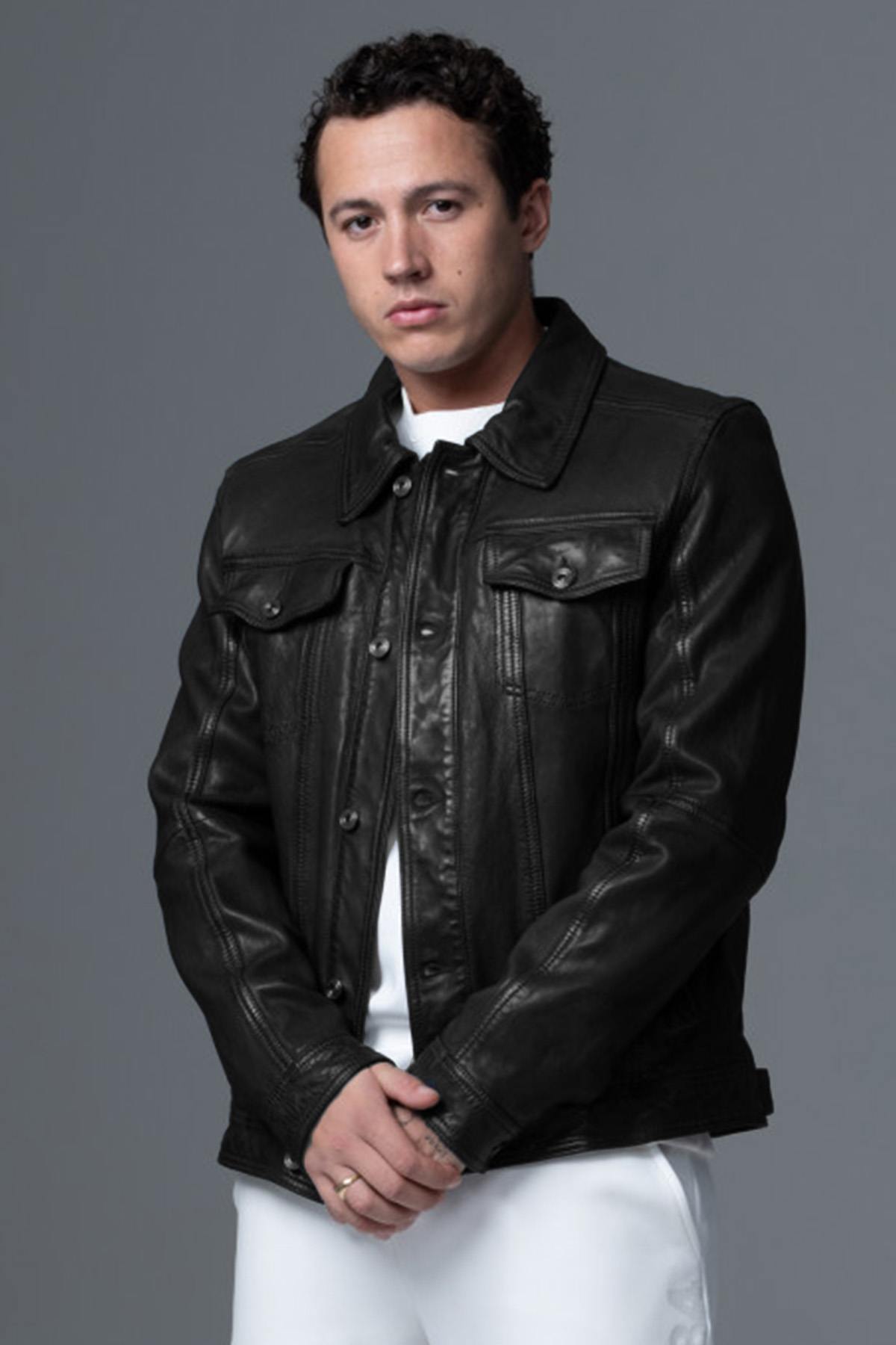 Rugged style shirt collar leather jacket - Image n°1