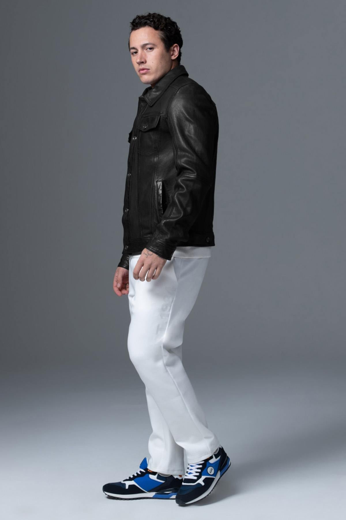 Rugged style shirt collar leather jacket - Image n°4