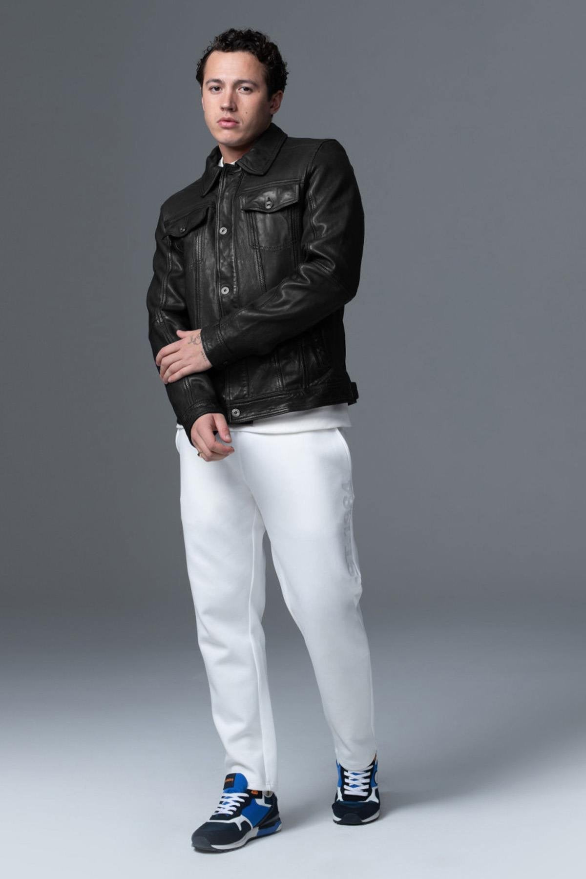 Rugged style shirt collar leather jacket - Image n°2