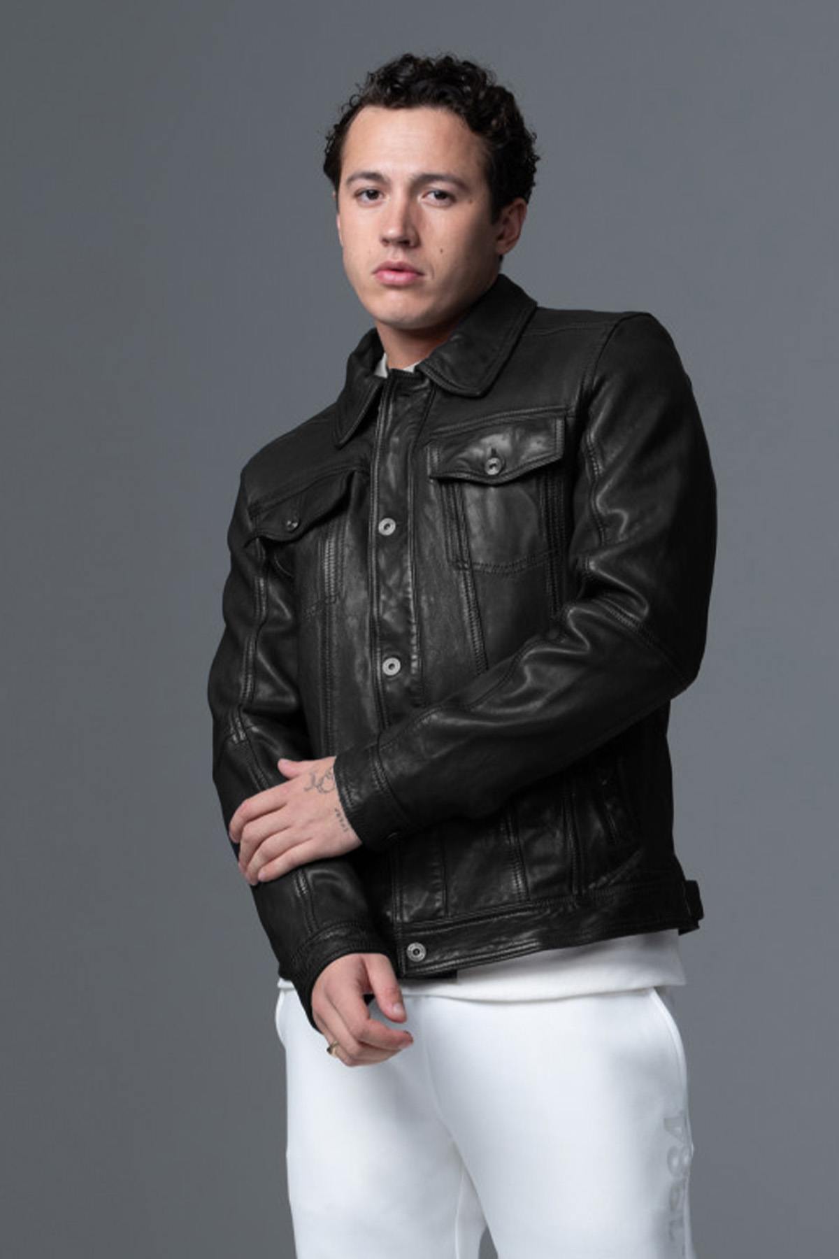 Rugged style shirt collar leather jacket - Image n°5