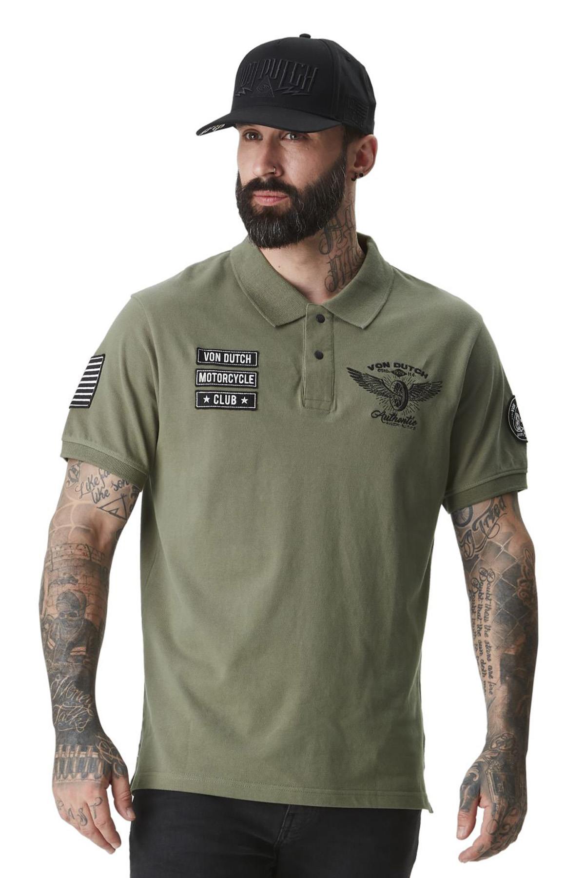 Khaki polo shirt with embroidered badges - Image n°1