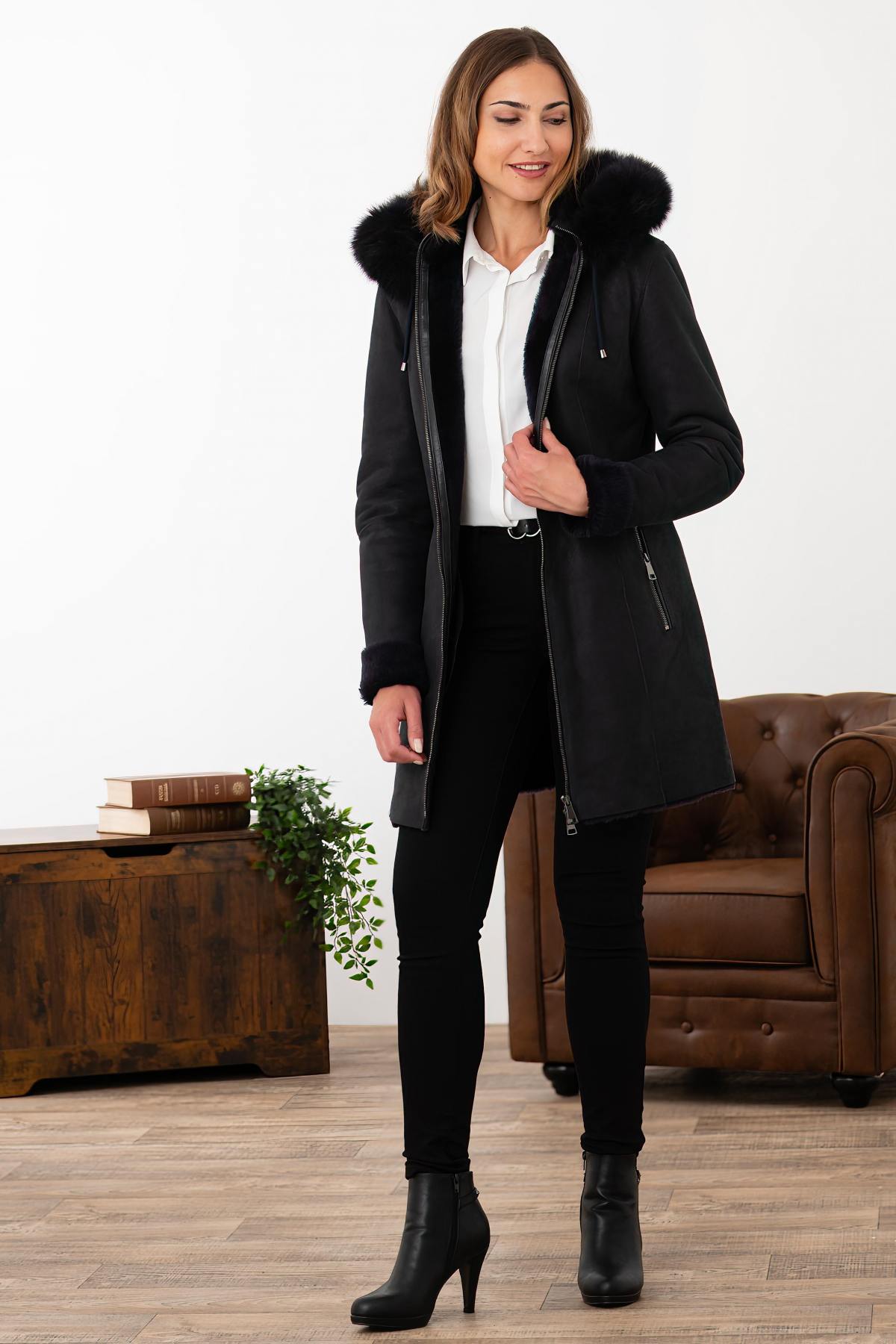 Hooded leather coat with fox fur - Image n°2