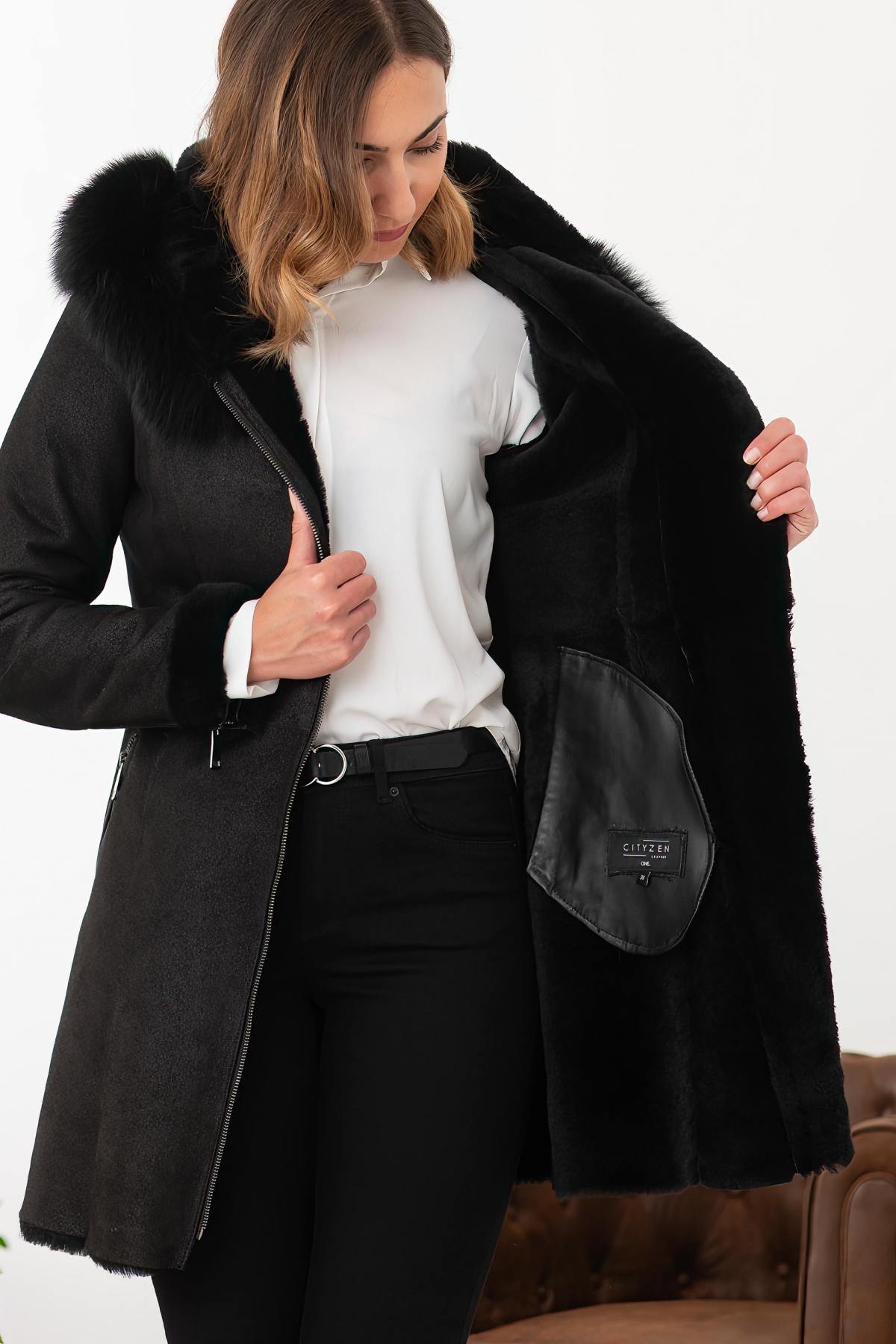 Black chic leather coat with fur hood - Image n°6