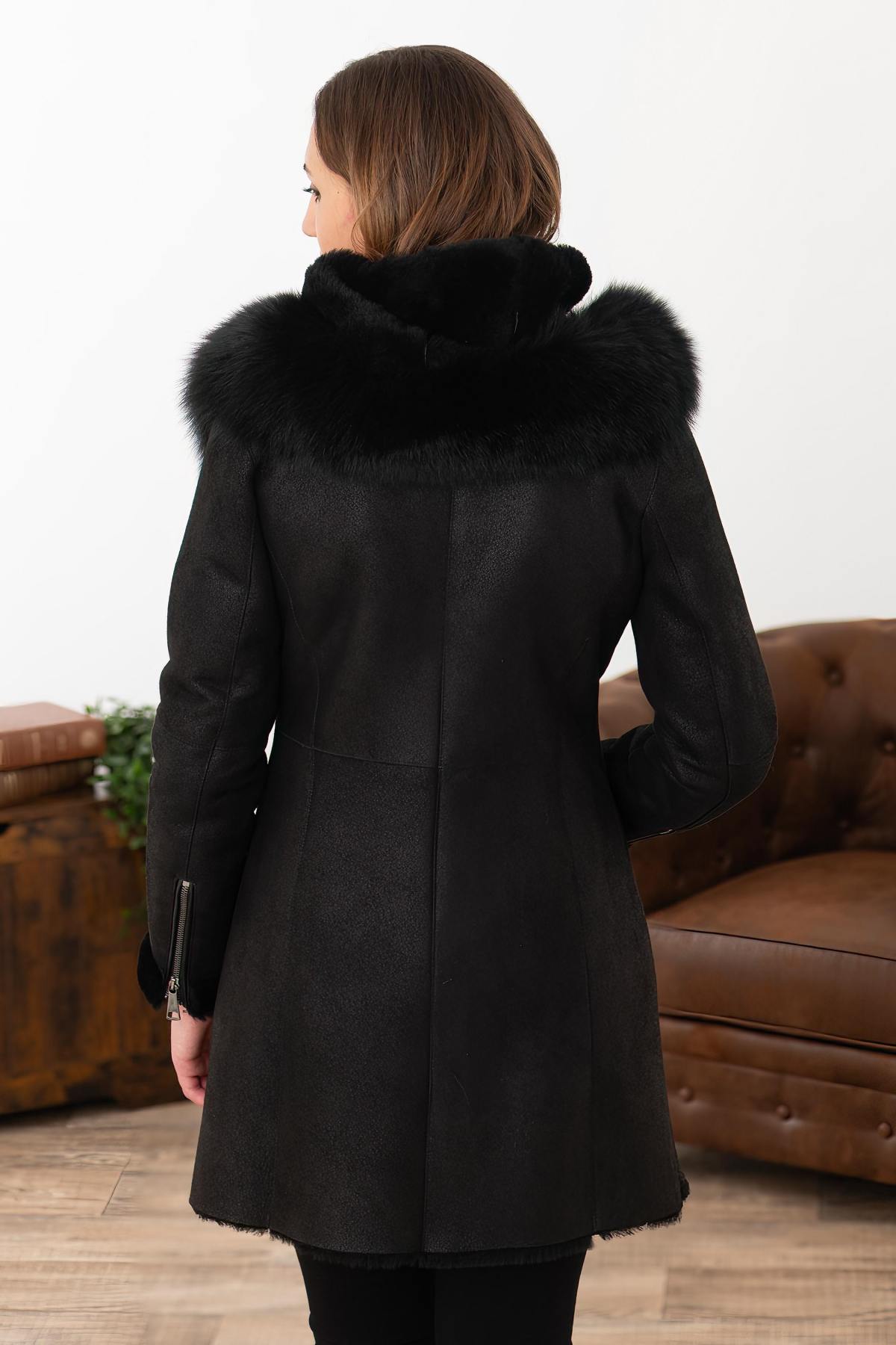 Black chic leather coat with fur hood - Image n°2