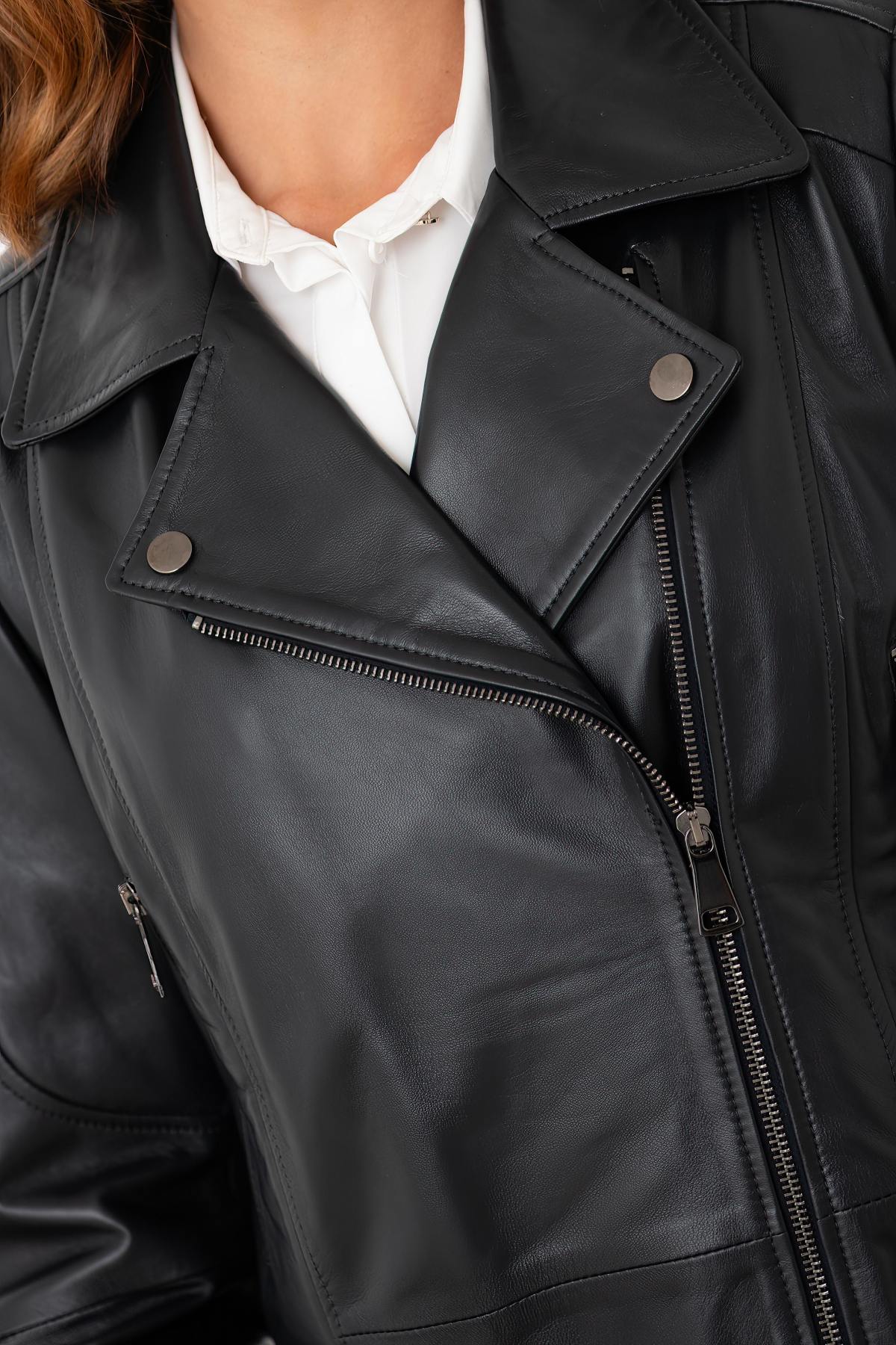 Mid-length leather jacket with asymmetrical collar in navy - Image n°2