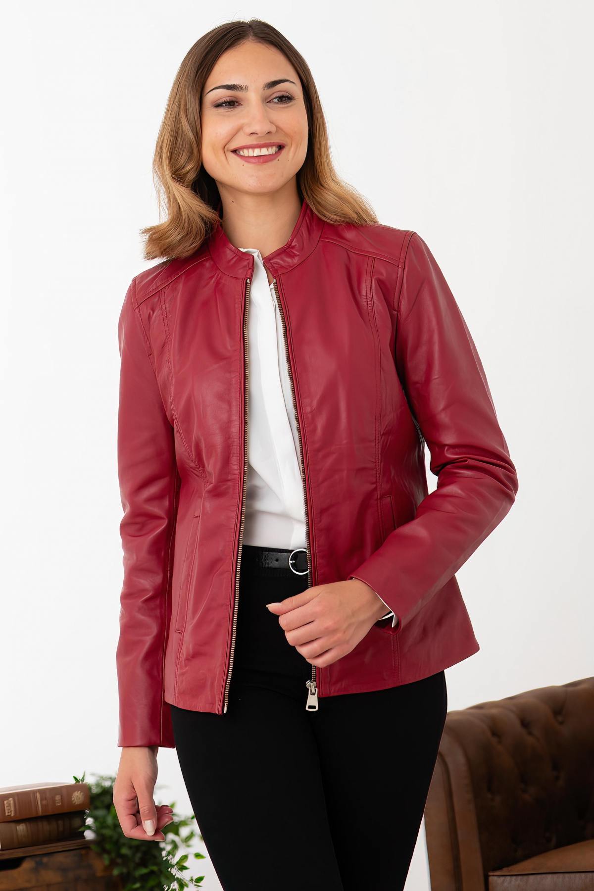 Red leather jacket with mandarin collar - Image n°1