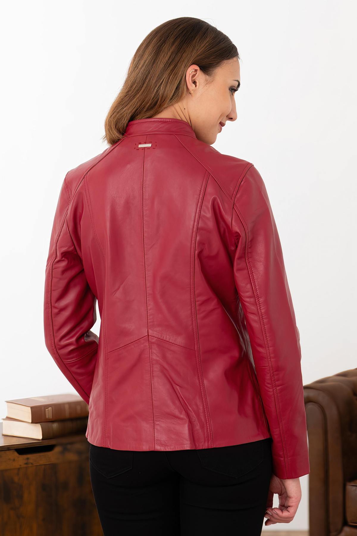 Red leather jacket with mandarin collar - Image n°4