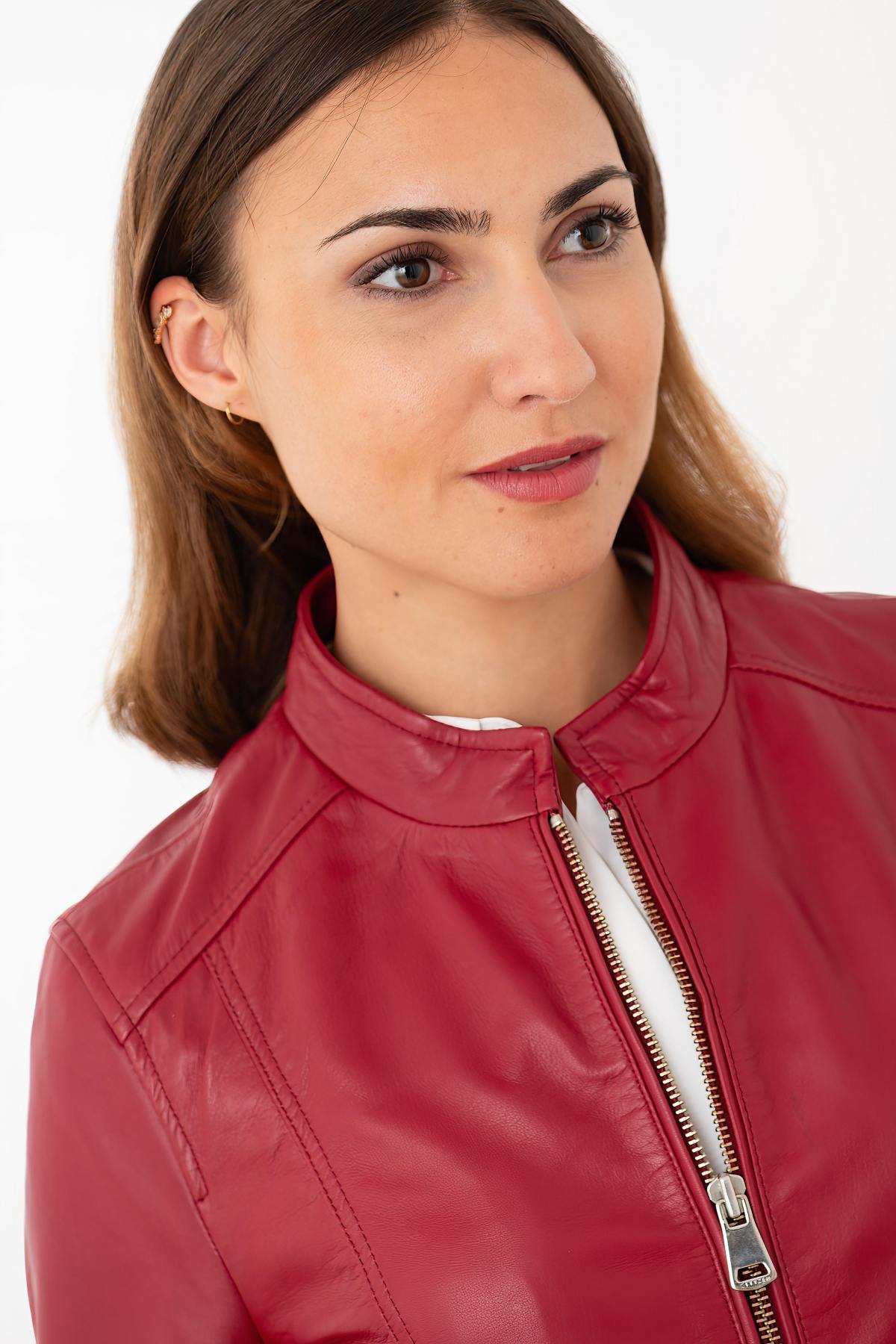 Red leather jacket with mandarin collar - Image n°5