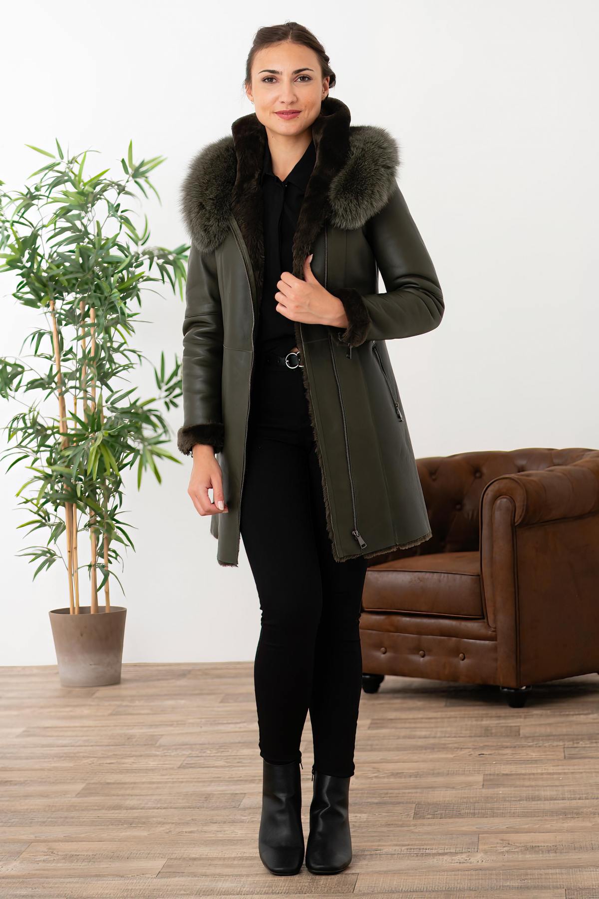 Khaki leather coats with fur hood - Image n°3