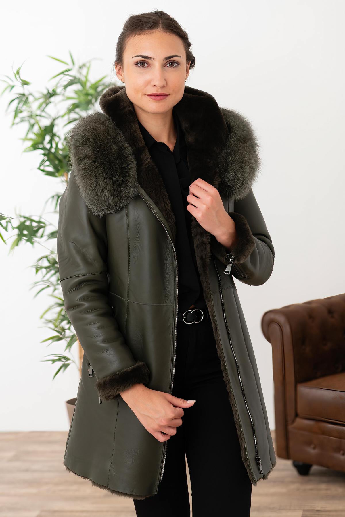 Khaki leather coats with fur hood - Image n°6