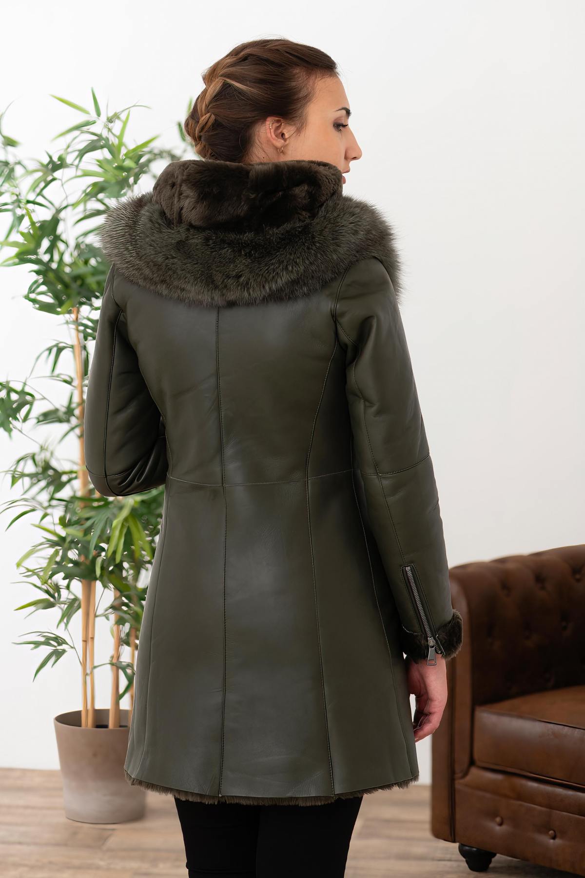 Khaki leather coats with fur hood - Image n°4