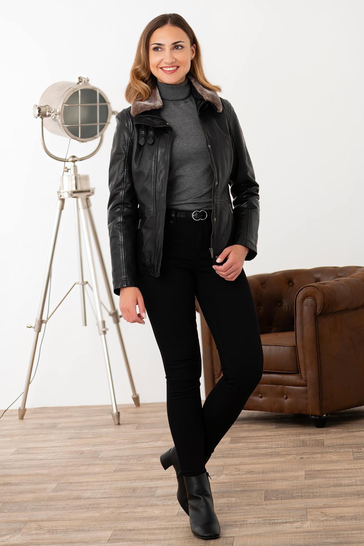 Black leather jacket with removable fur collar - Image n°5