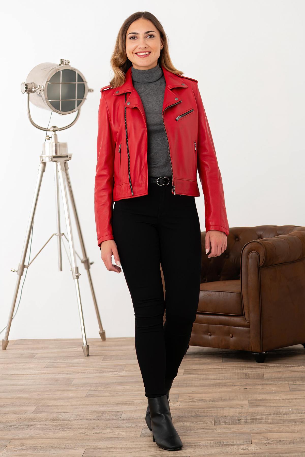 Women's dark red leather Biker Jacket - Image n°2