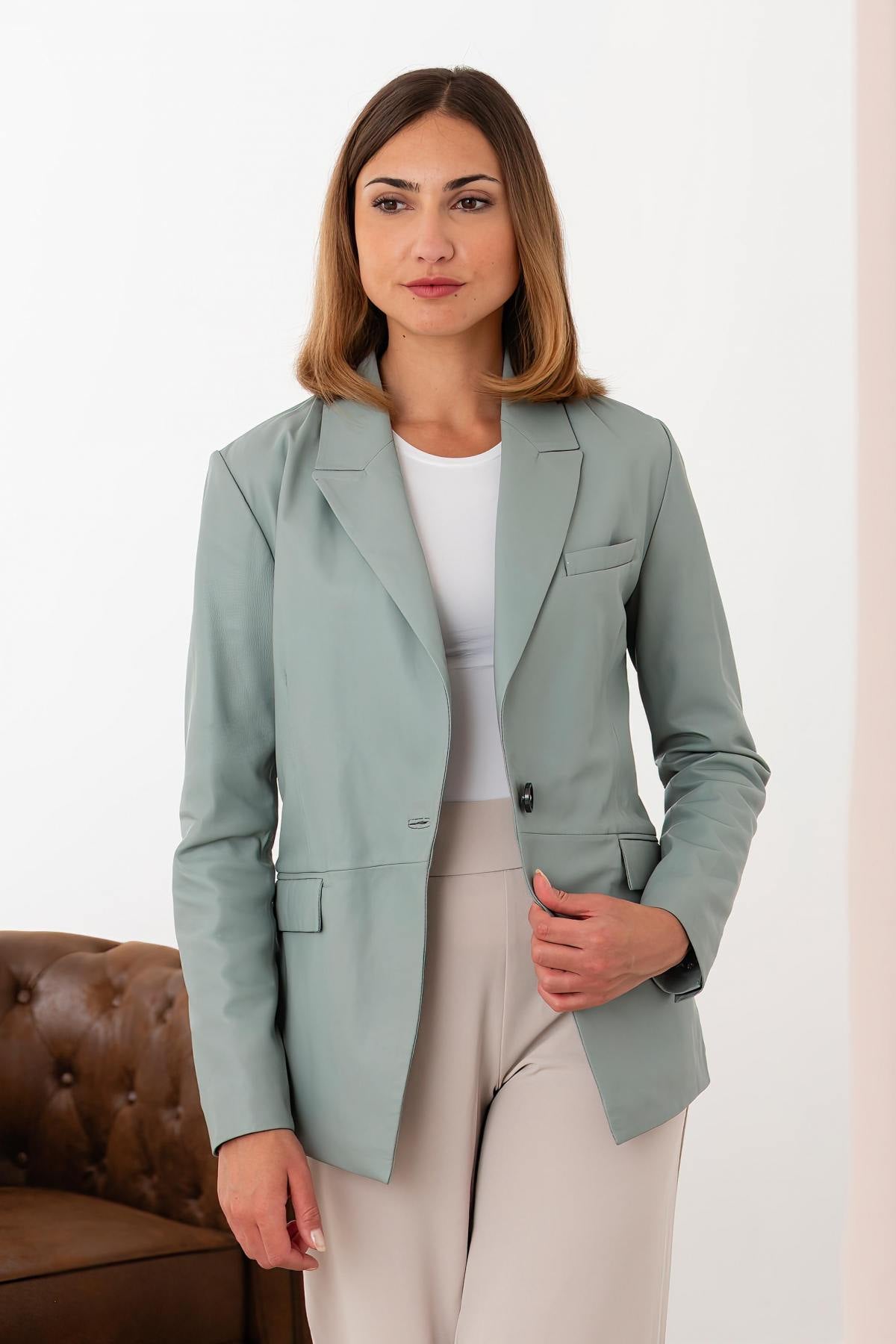 Almond-colored leather blazer jacket - Image n°1