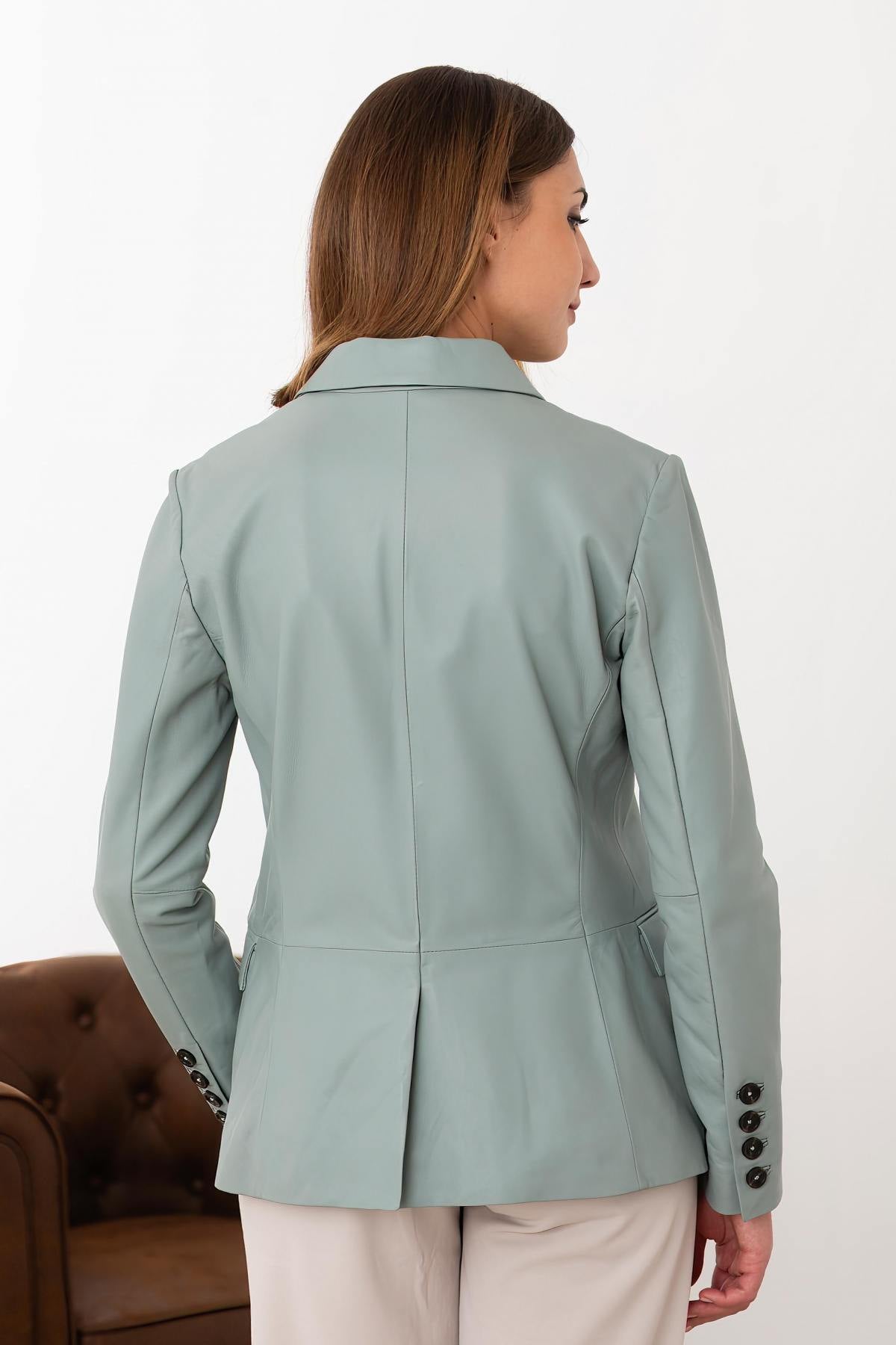 Almond-colored leather blazer jacket - Image n°5