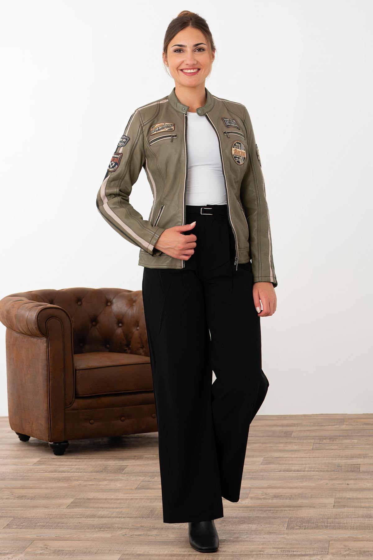 Women's Lichen Green Racing Leather Jacket - Image n°6