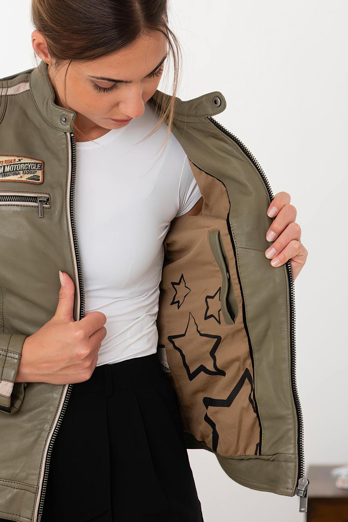 Women's Lichen Green Racing Leather Jacket - Image n°8