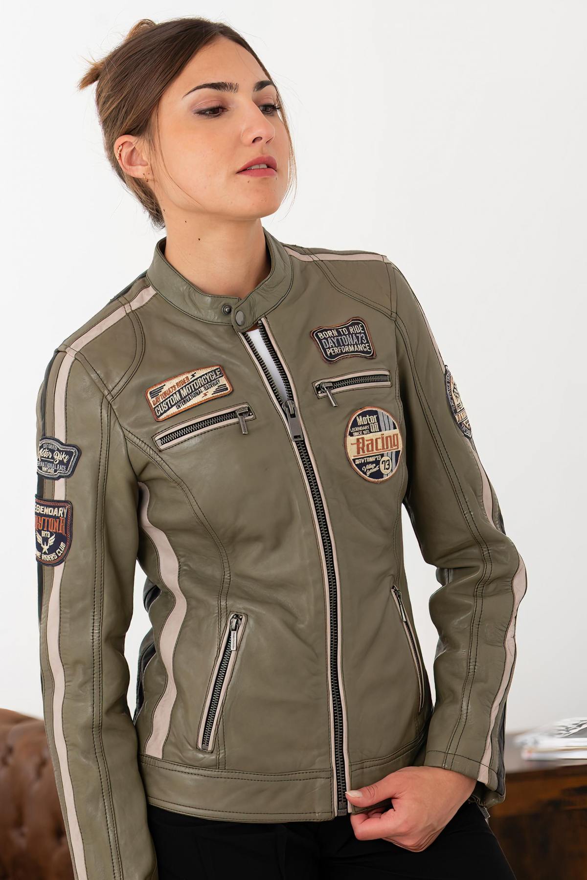 Women's Lichen Green Racing Leather Jacket - Image n°3