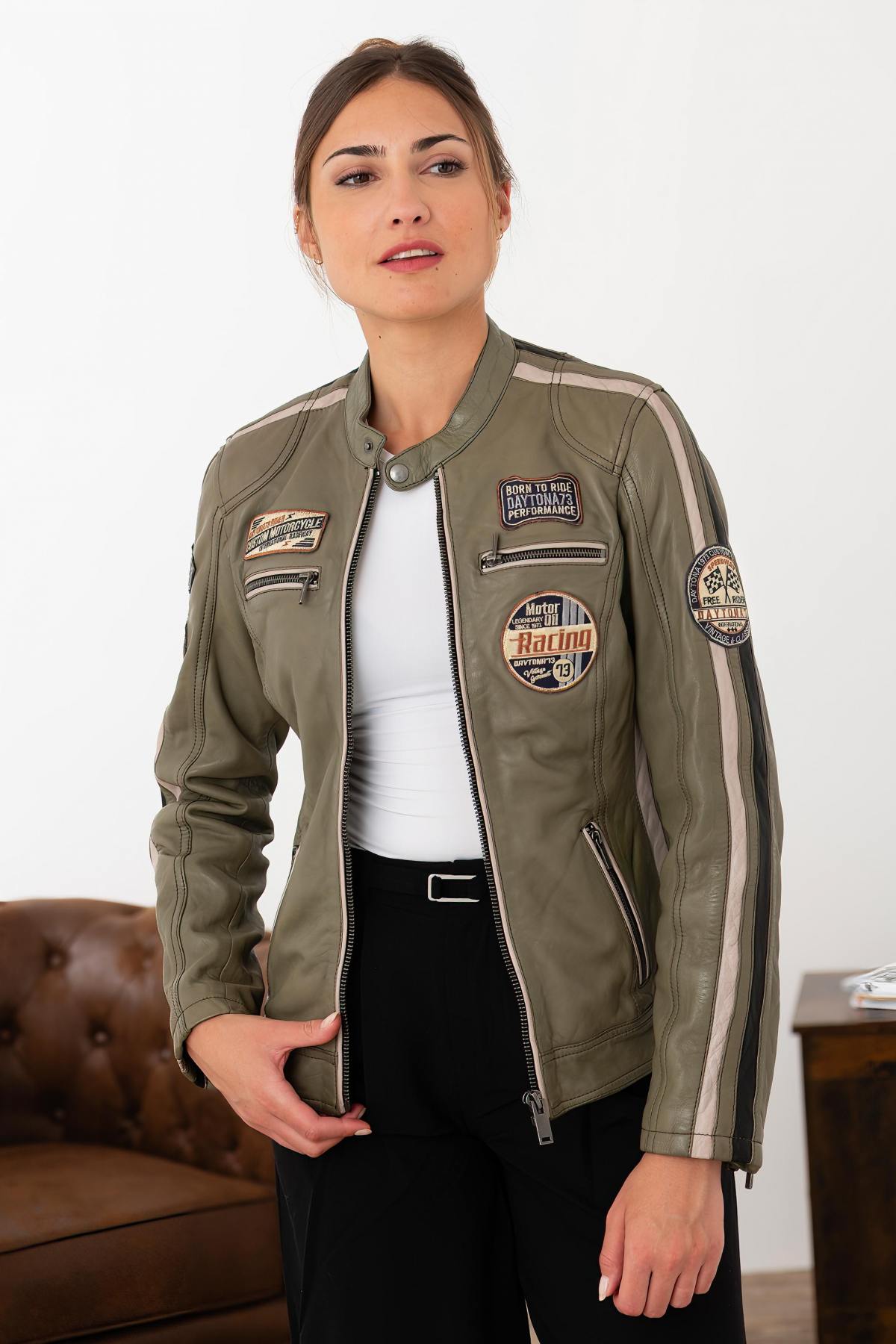 Women's Lichen Green Racing Leather Jacket - Image n°1