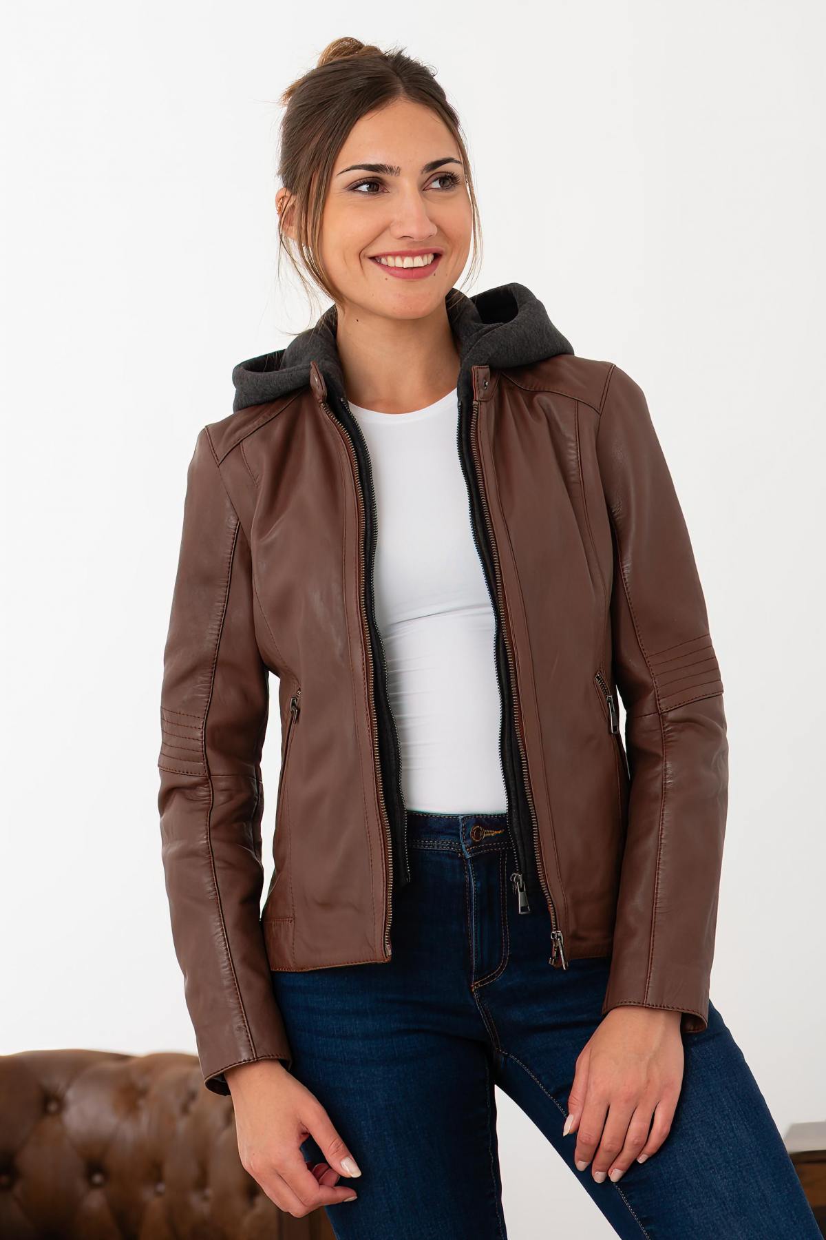 Cognac leather jacket with biker collar and removable hood - Image n°1