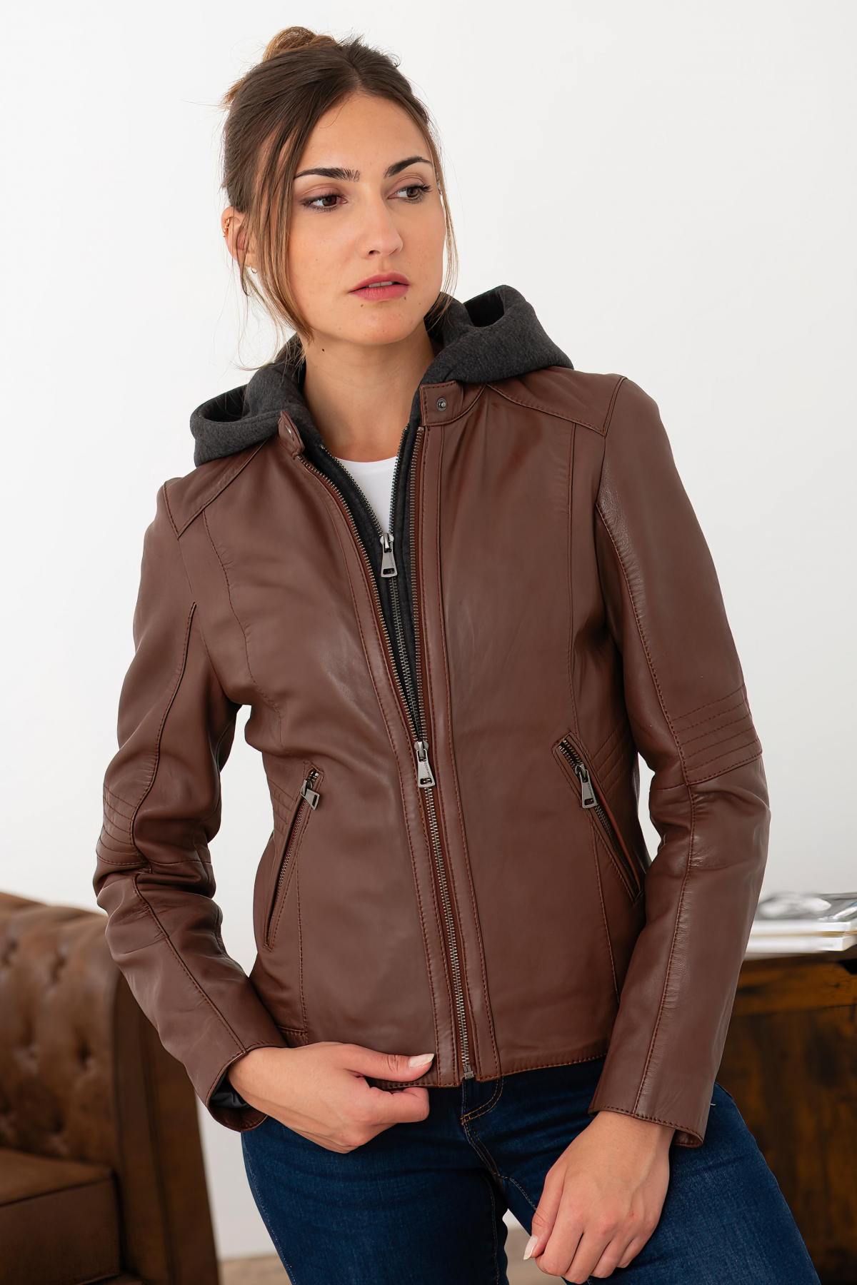 Cognac leather jacket with biker collar and removable hood - Image n°4