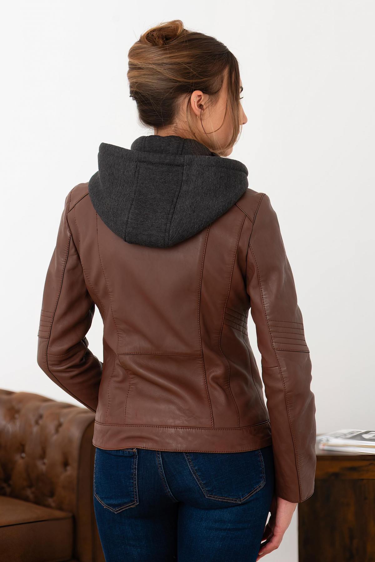 Cognac leather jacket with biker collar and removable hood - Image n°5