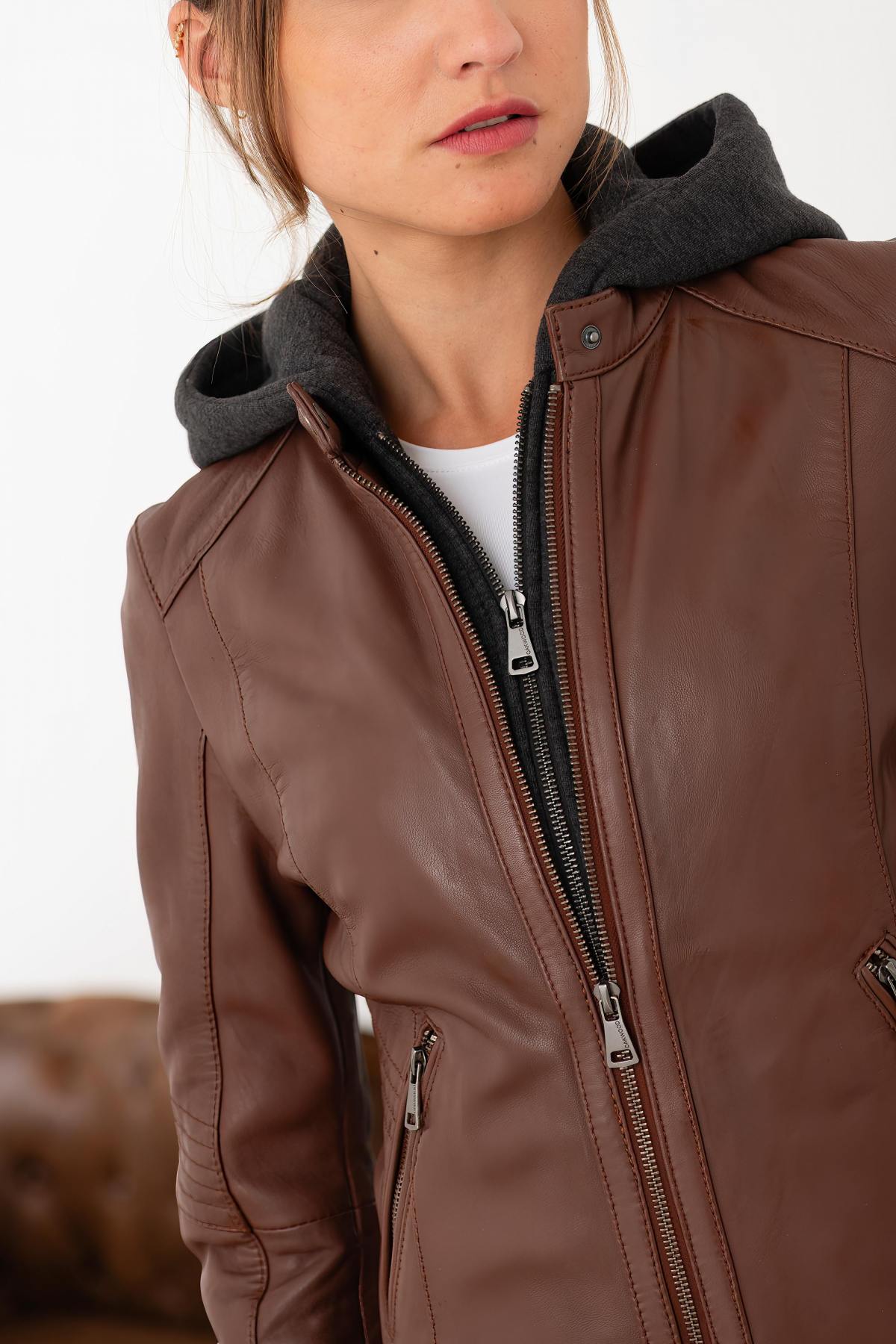 Cognac leather jacket with biker collar and removable hood - Image n°6