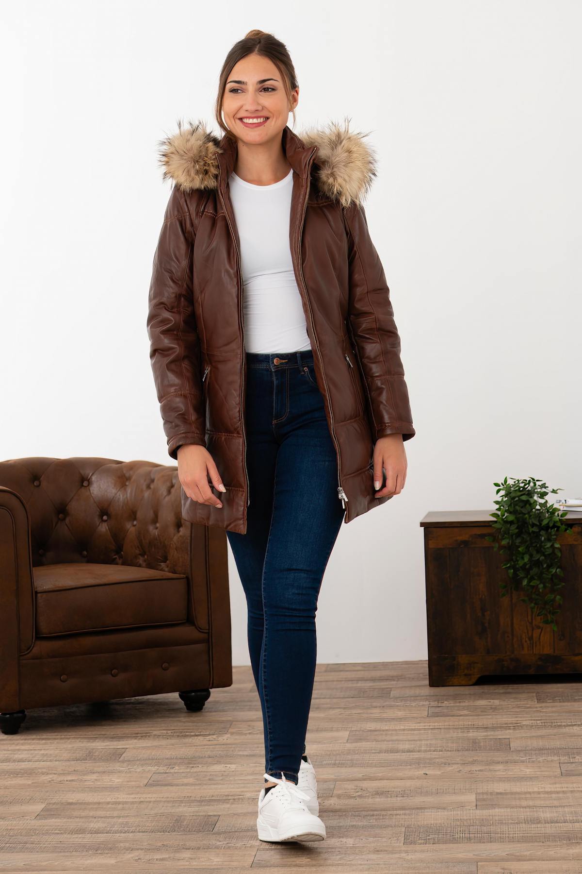 Cognac leather down jacket with fur hood - Image n°2