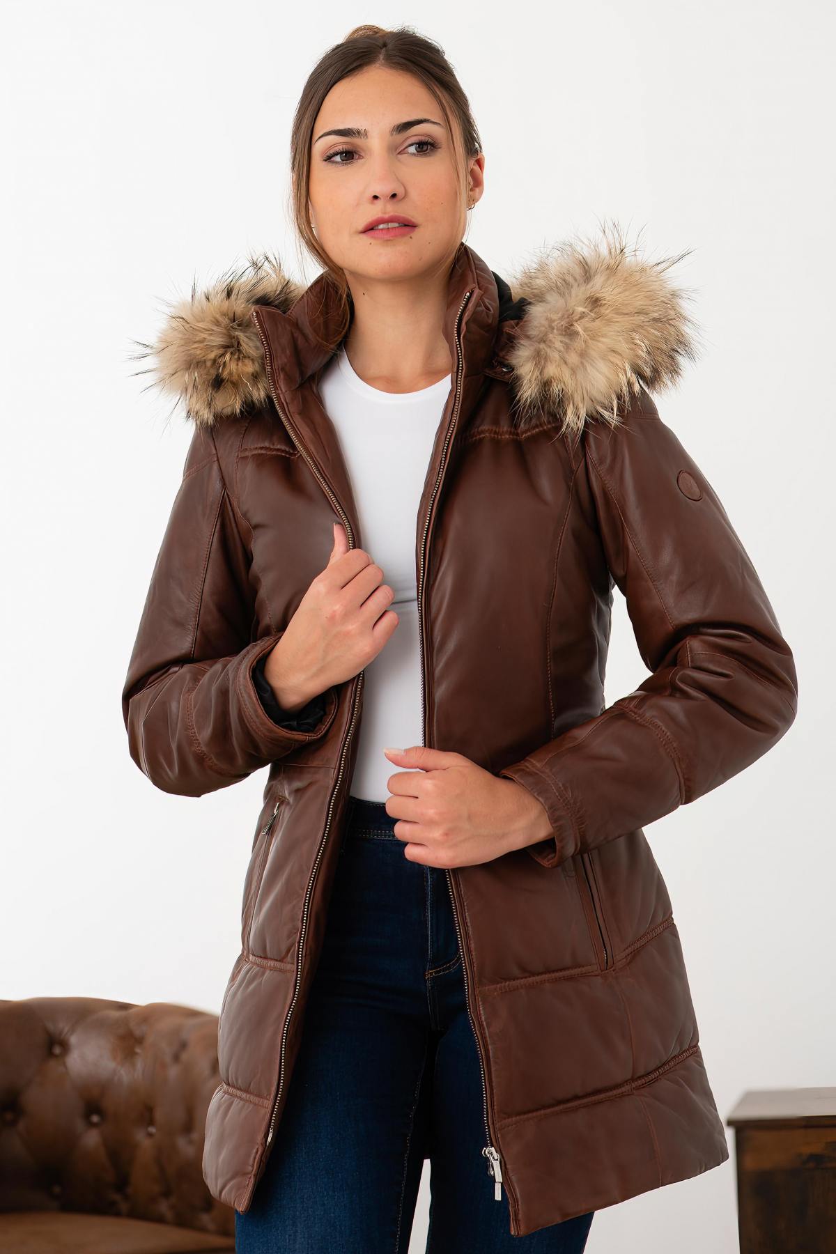 Cognac leather down jacket with fur hood - Image n°1