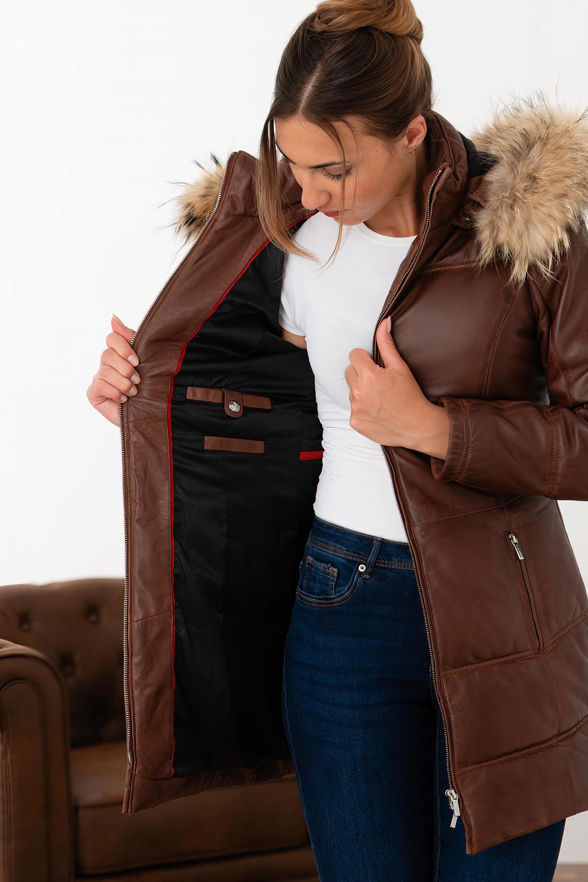 Cognac leather down jacket with fur hood - Image n°7