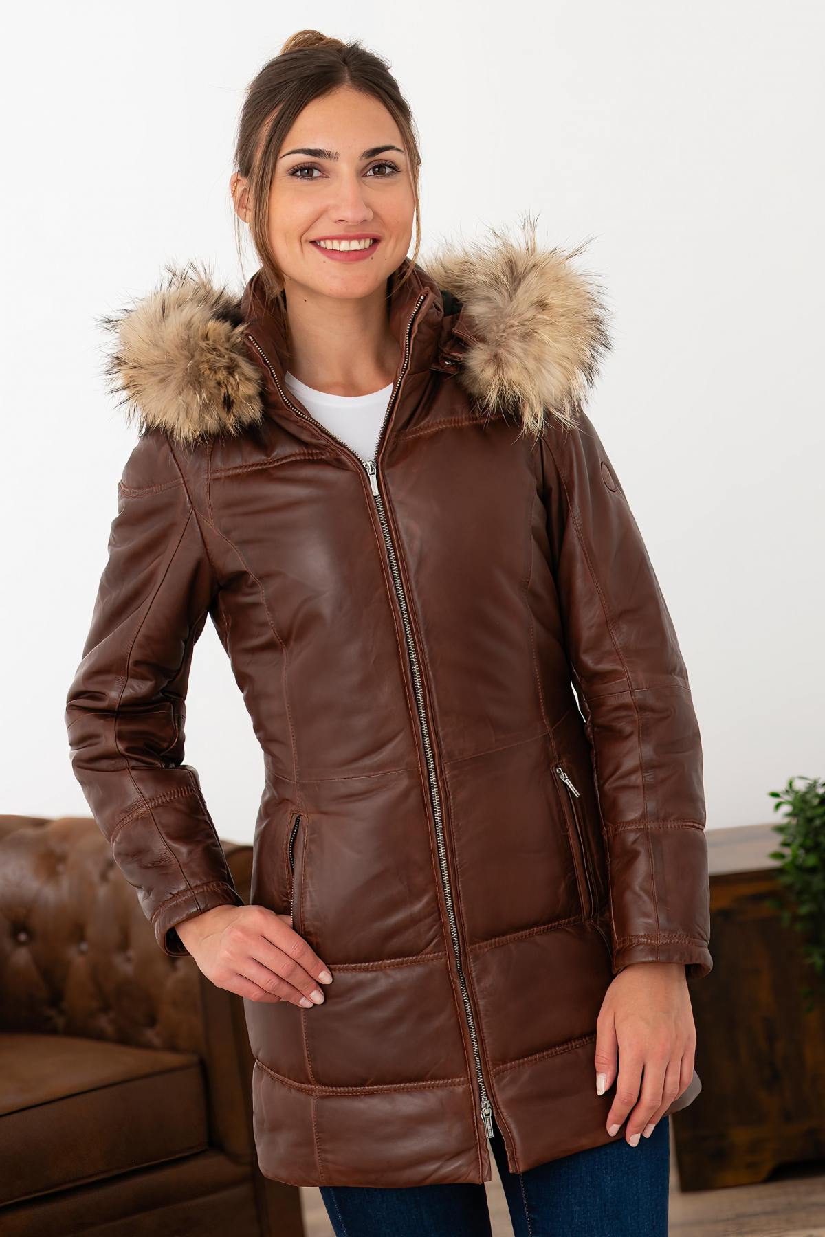 Cognac leather down jacket with fur hood - Image n°6