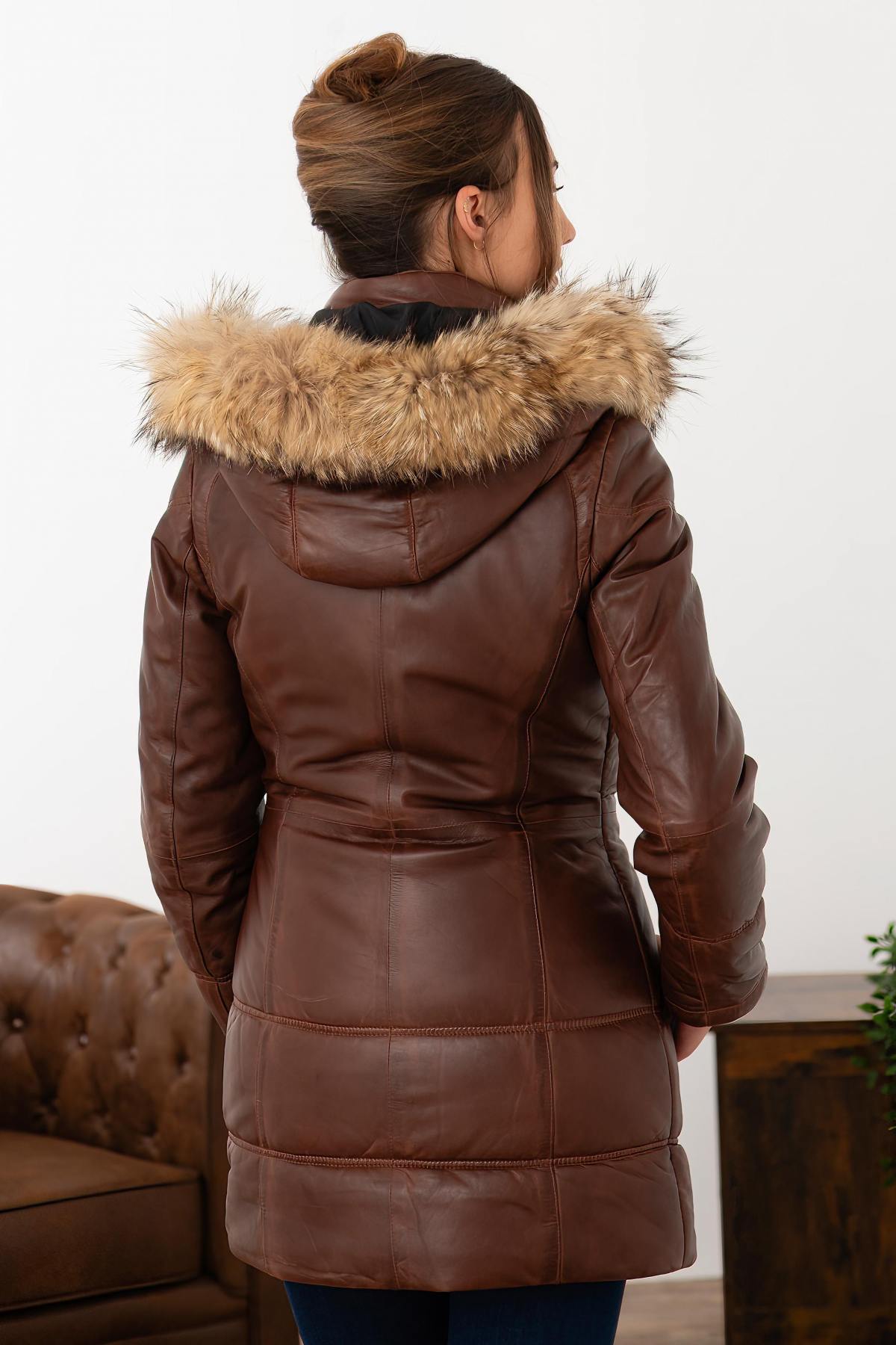 Cognac leather down jacket with fur hood - Image n°4