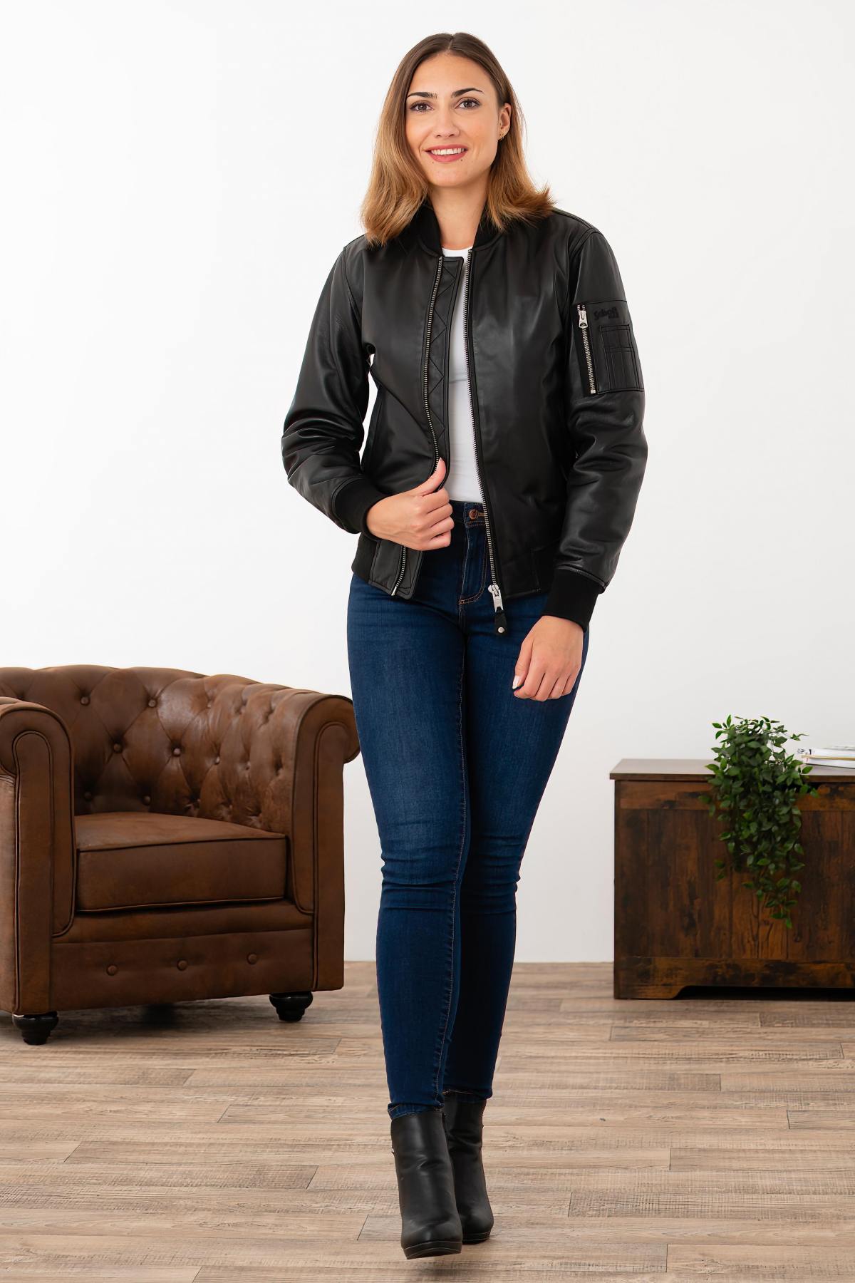 Black leather bomber jacket for women - Image n°7