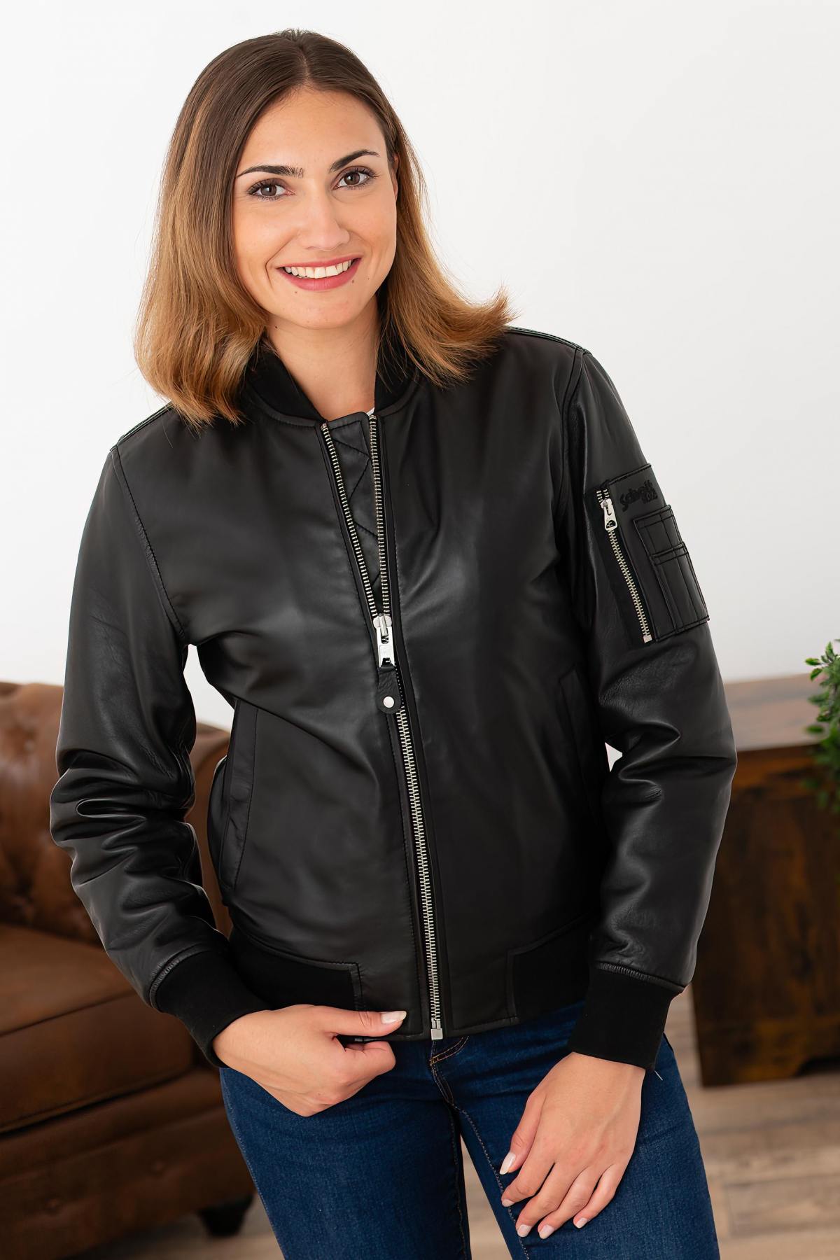 Black leather bomber jacket for women - Image n°4