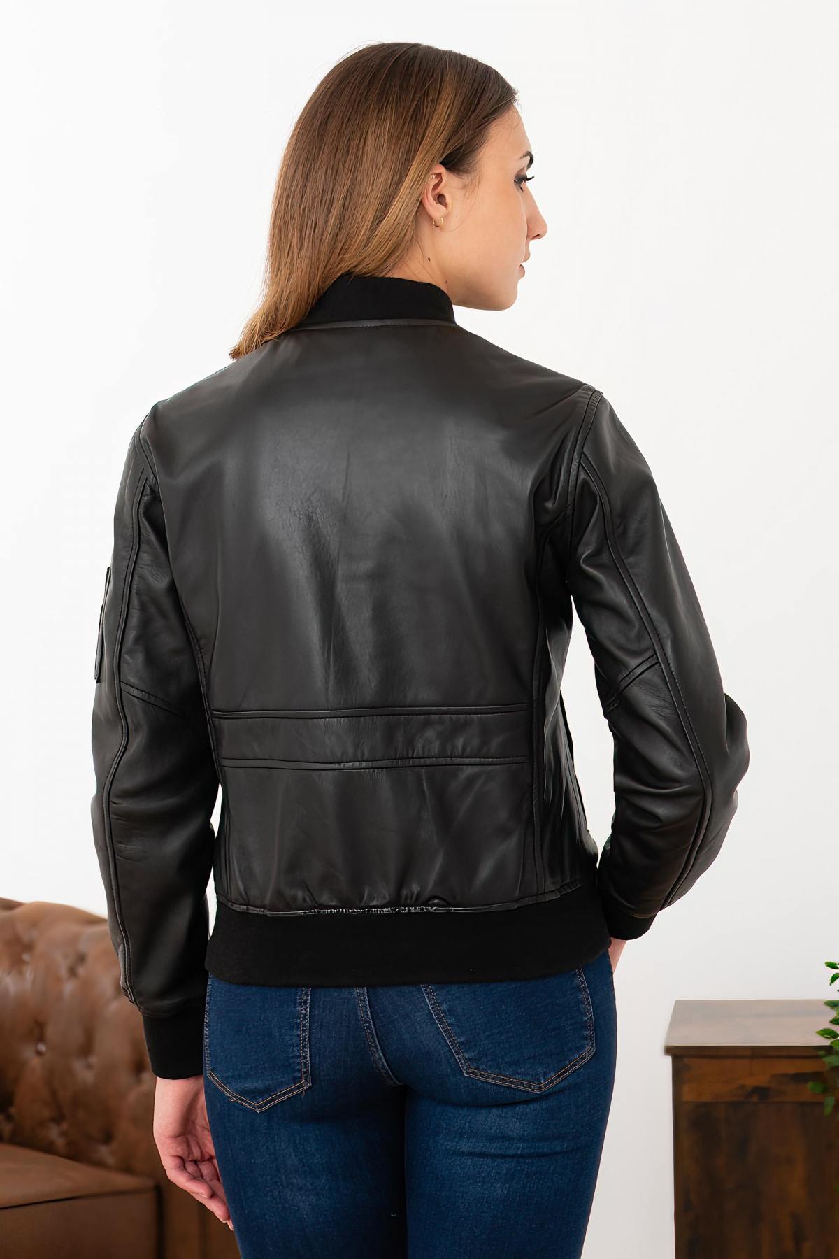 Black leather bomber jacket for women - Image n°5