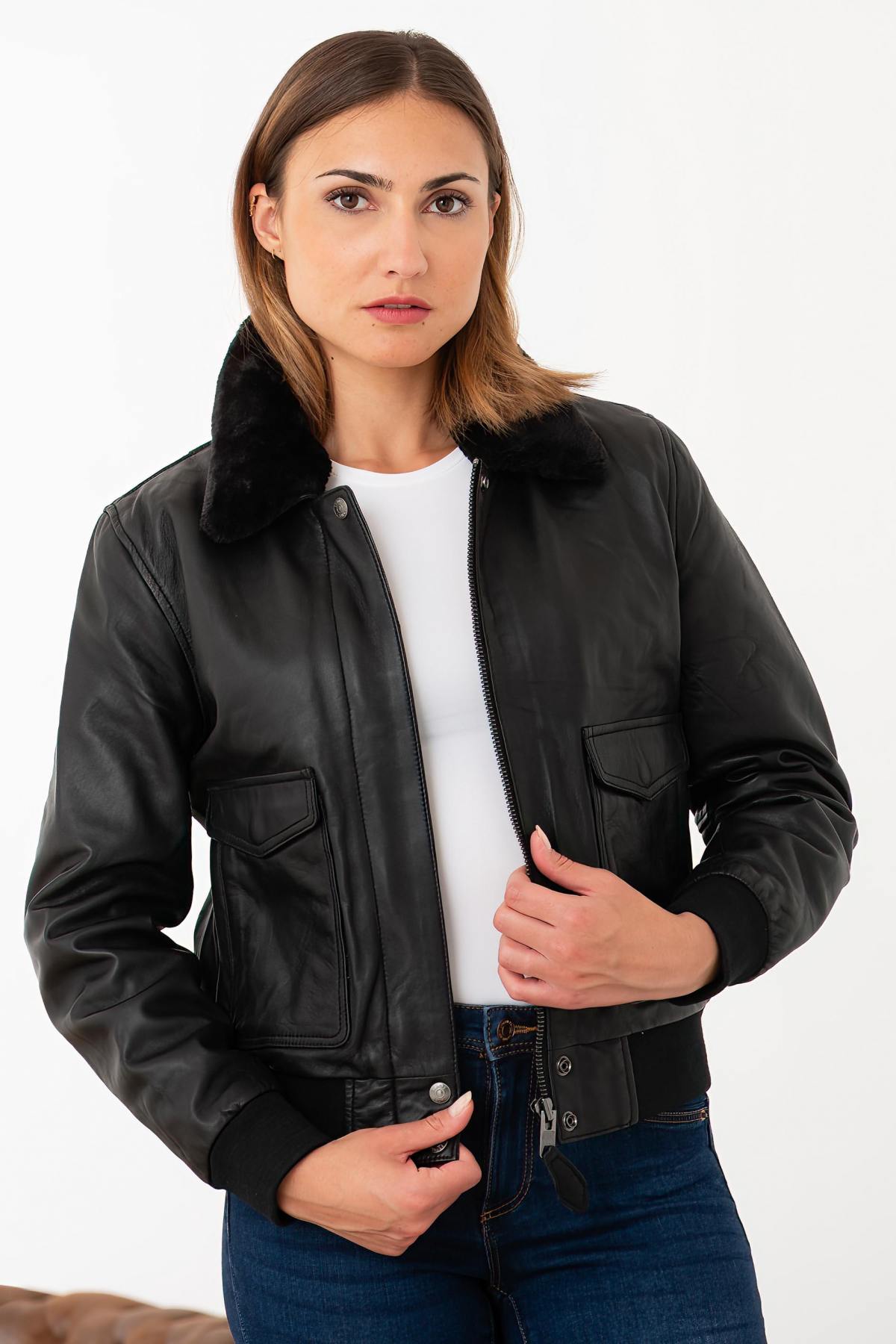 Women's Leather Bomber Jacket - Image n°2