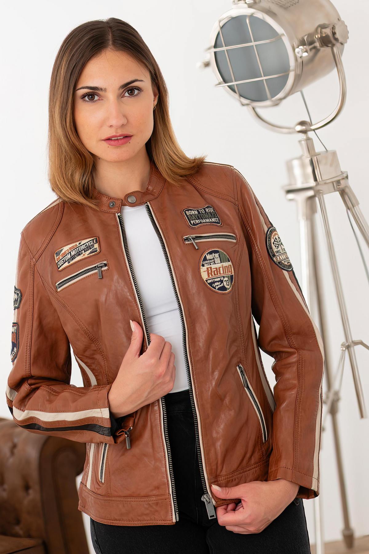 Cognac racing leather jacket with patches - Image n°1