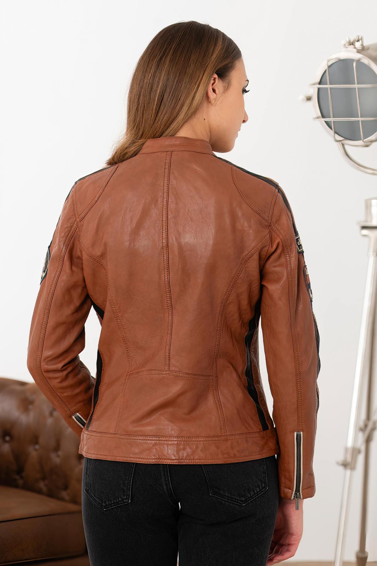 Cognac racing leather jacket with patches - Image n°5