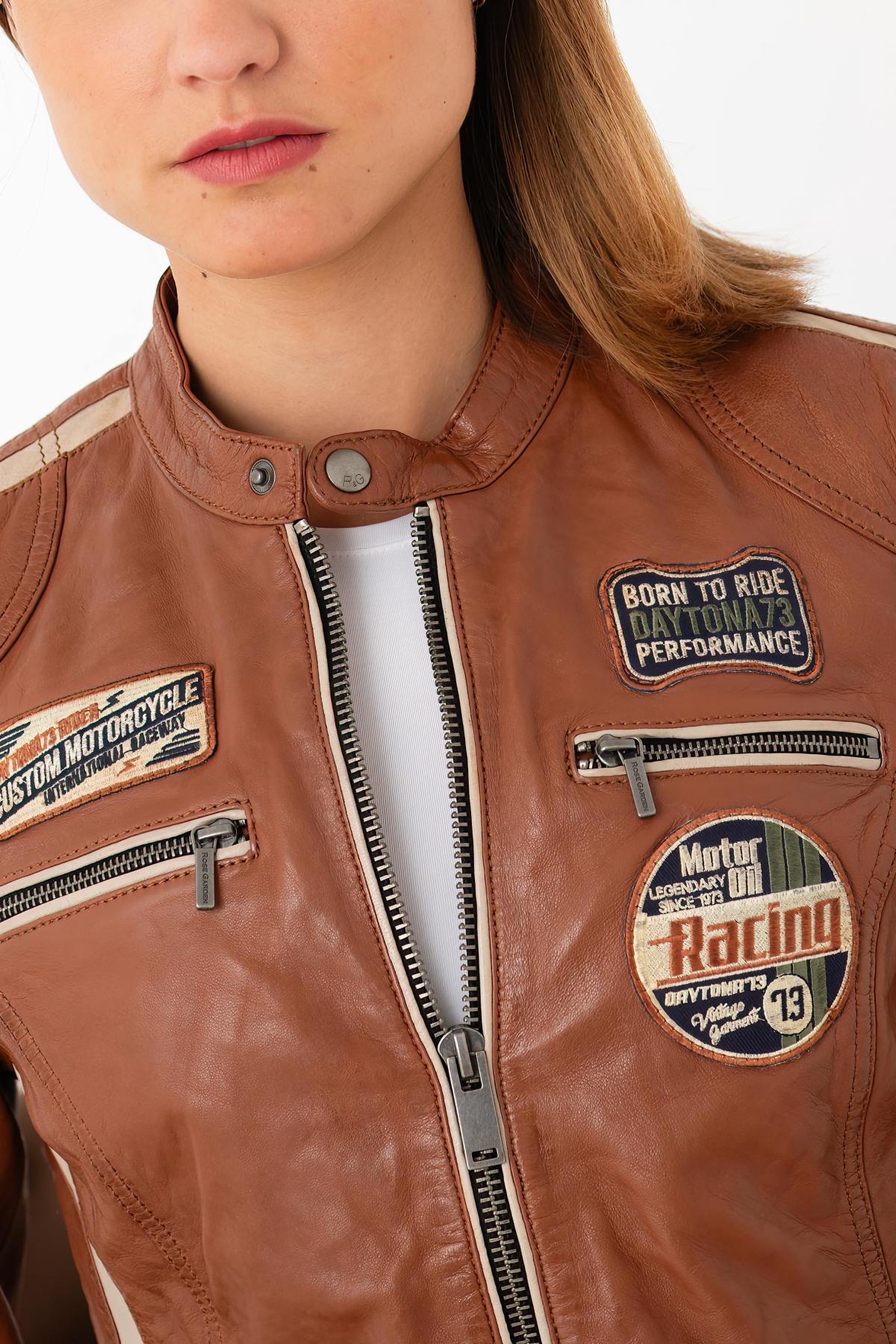 Cognac racing leather jacket with patches - Image n°6